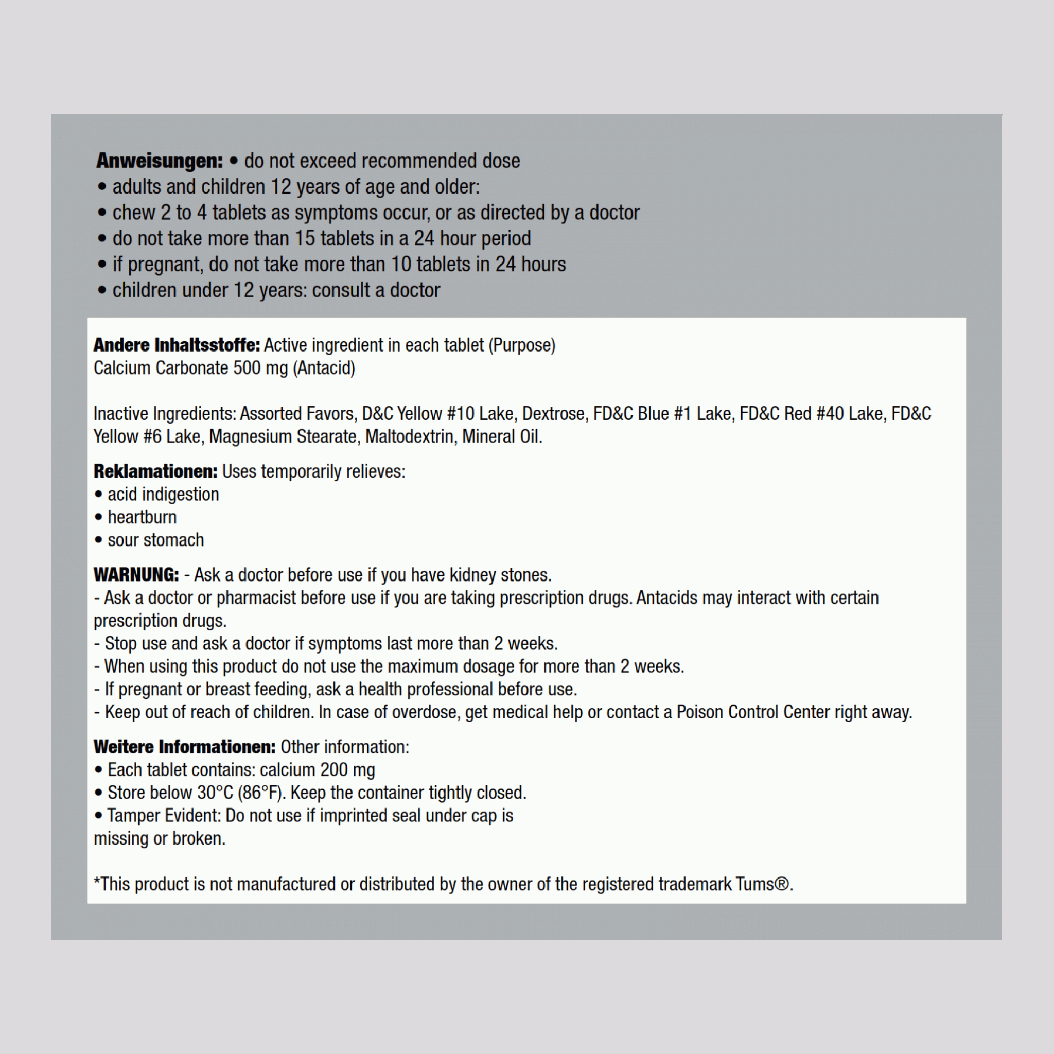 Säureblocker-Kaubonbons Calciumcarbonat, 500 mg,Compare to TUMS 150 Çeynənilən Tabletlər     