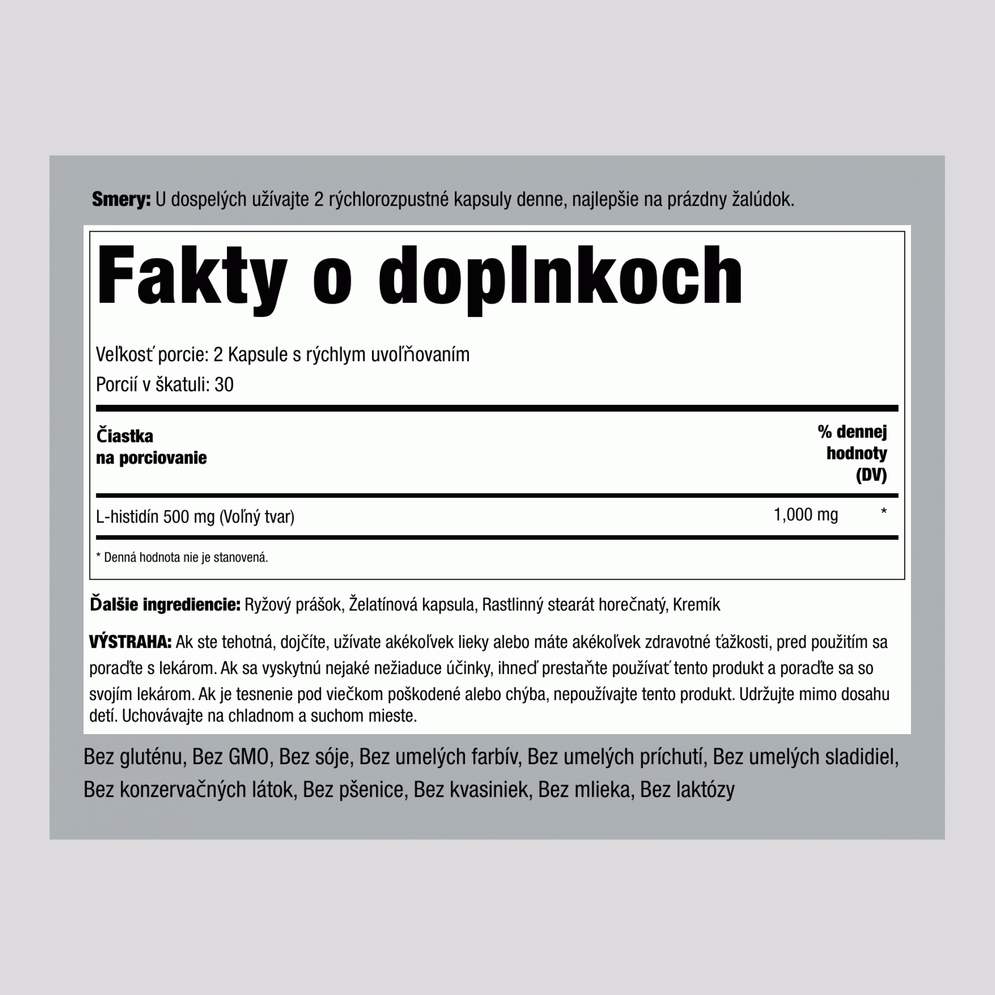 L-histidín 1000 mg (v jednej dávke) 60 Kapsule s rýchlym uvoľňovaním     