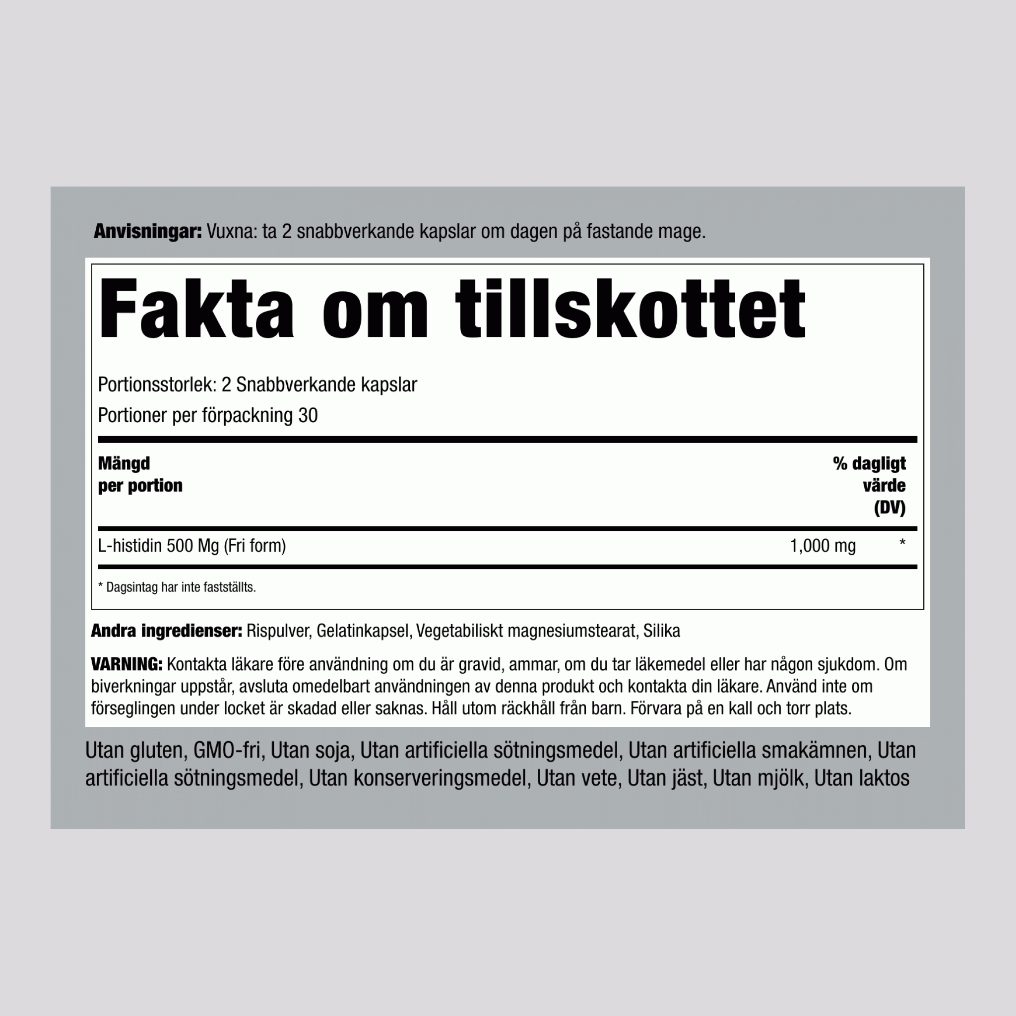 L-histidin 1000 mg (per portion) 60 Snabbverkande kapslar     