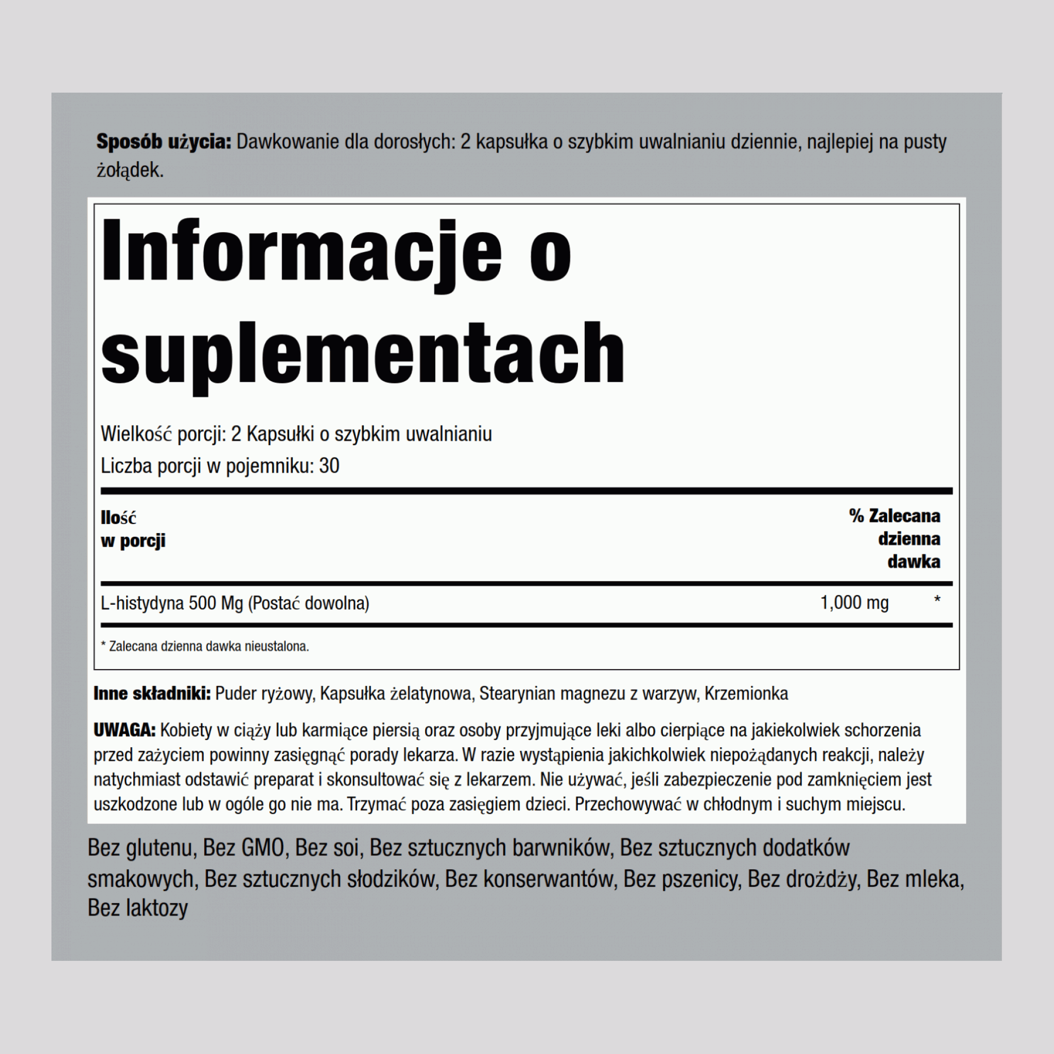 L-histydyna 1000 mg (na porcję) 60 Kapsułki o szybkim uwalnianiu     