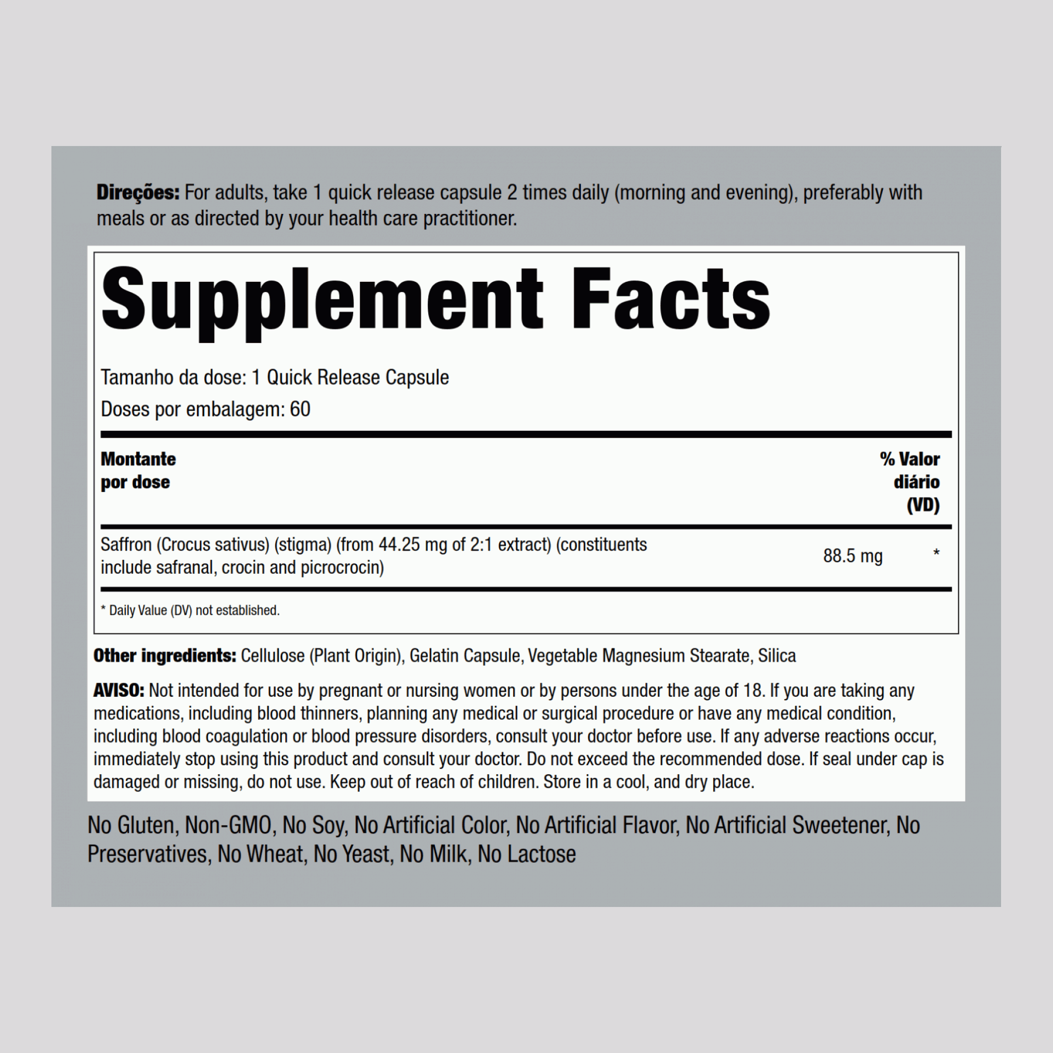 Extrait Intégral de safran,  88.5 mg 60 Gélules à libération rapide 2 Bouteilles