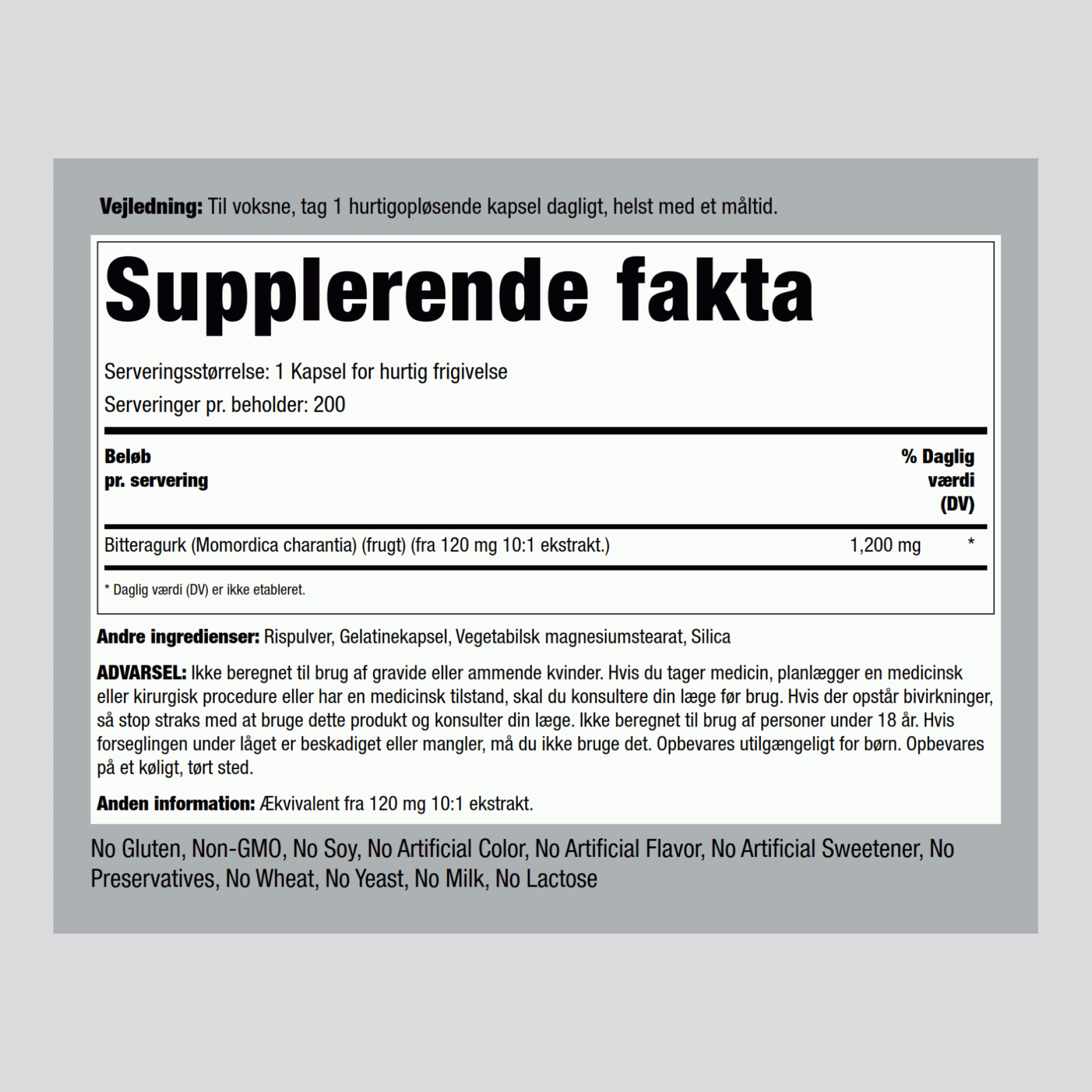Bitter Melon / Momordica  1200 mg 200 Kapsler for hurtig frigivelse     