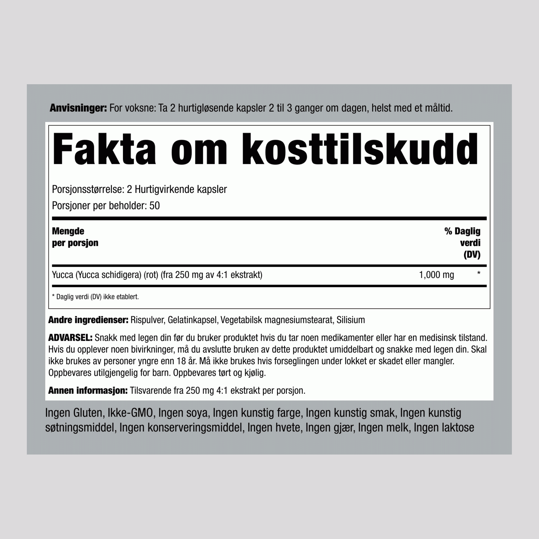 Yucca-rot  1000 mg (per dose) 100 Hurtigvirkende kapsler 2 Flasker   