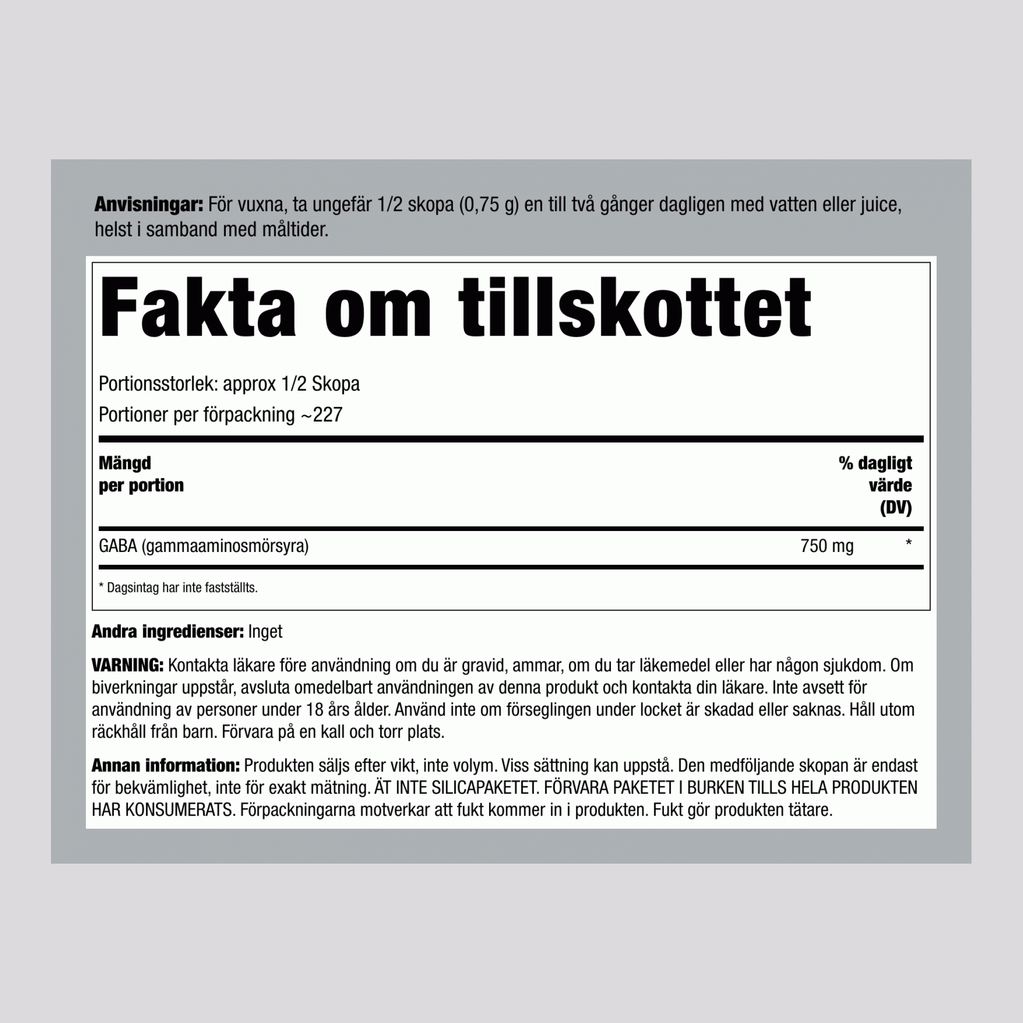 GABA (gama-aminobutrična kislina) v prahu 750 mg (na porcijo) 6 unča 170 g Steklenica 2 Steklenice