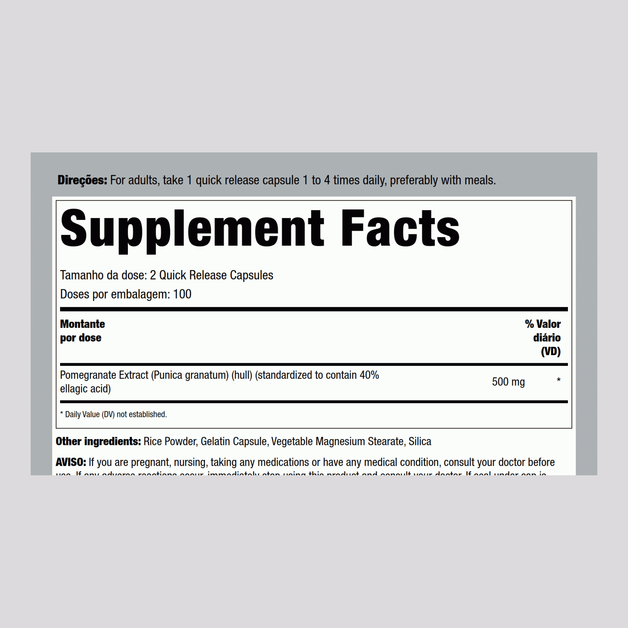 Extrato de romã (normalizado) 500 mg (por dose) 200 Cápsulas de Rápida Absorção     