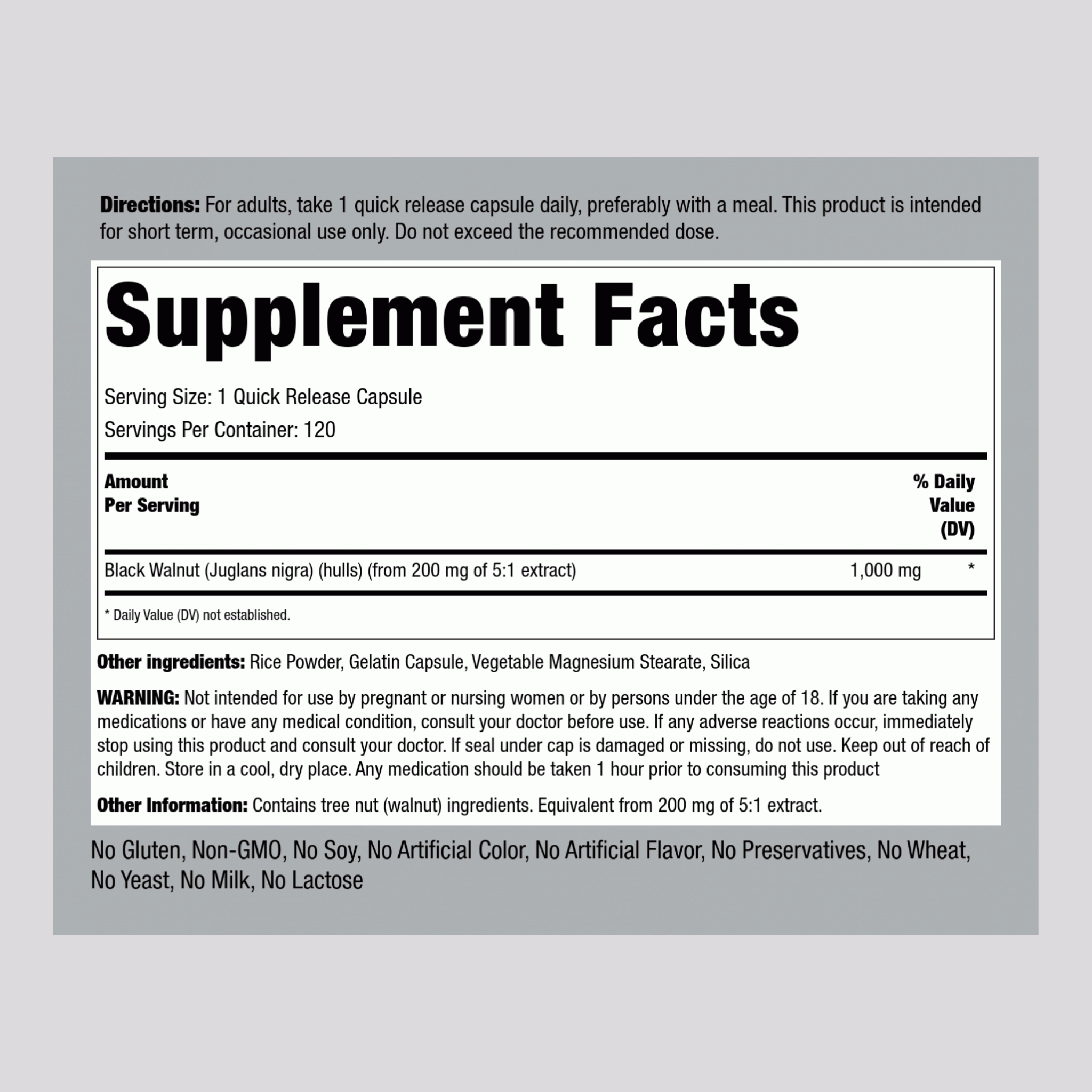 Black Walnut Hulls, 1000 mg, 120 Quick Release Capsules