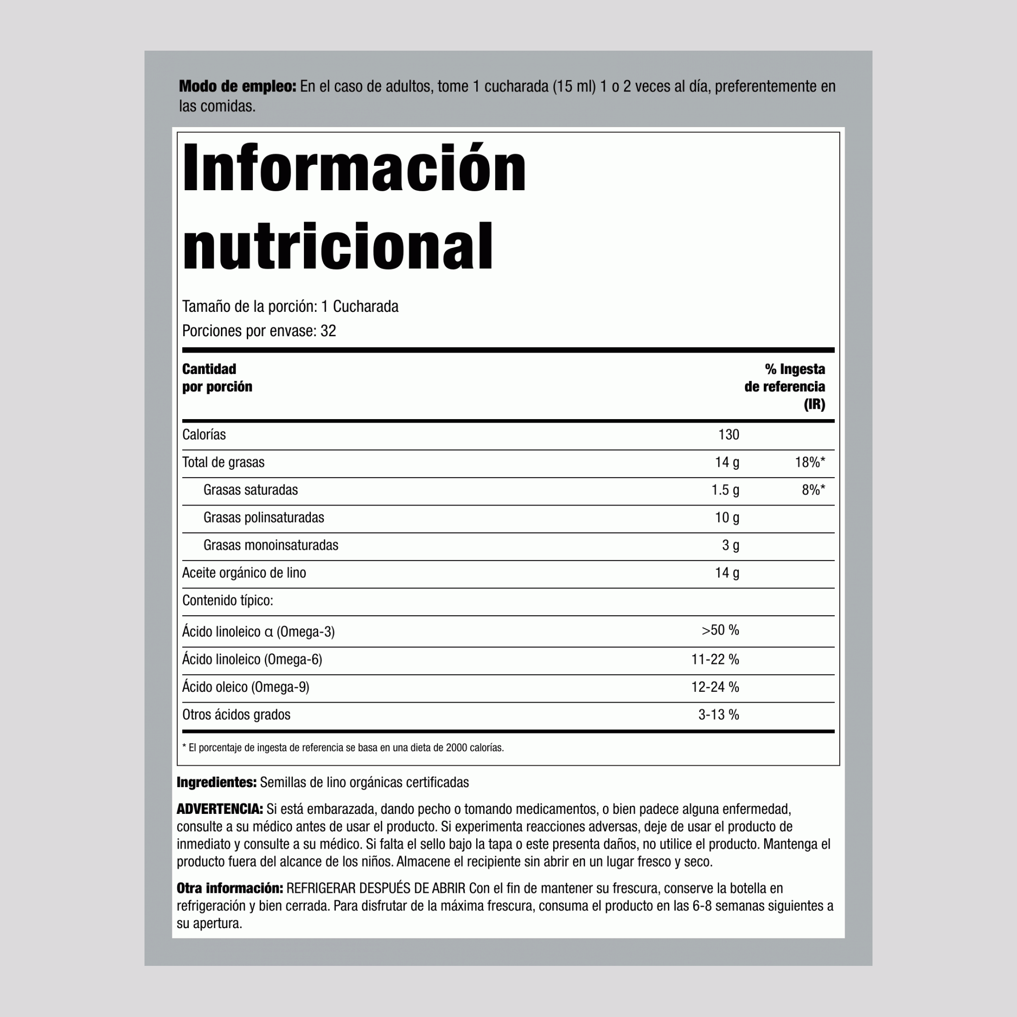 Aceite de linaza (Orgánico) 16 fl oz 473 ml Botellas/Frascos 3 Botellas/Frascos 