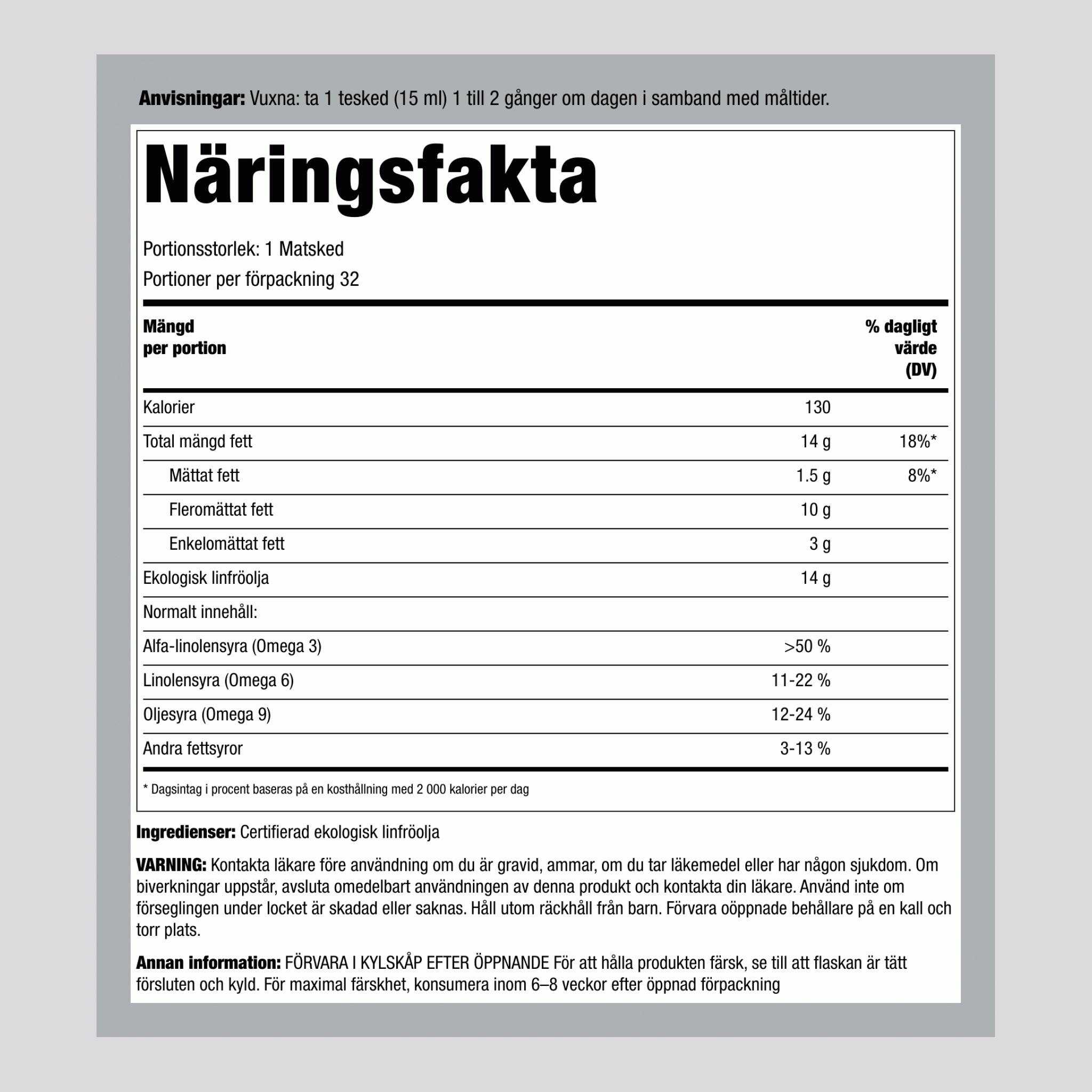 Olje lanenih semen (Ekološko pridelano) 16 tekočinska unča 473 ml Steklenice 3 Steklenice 
