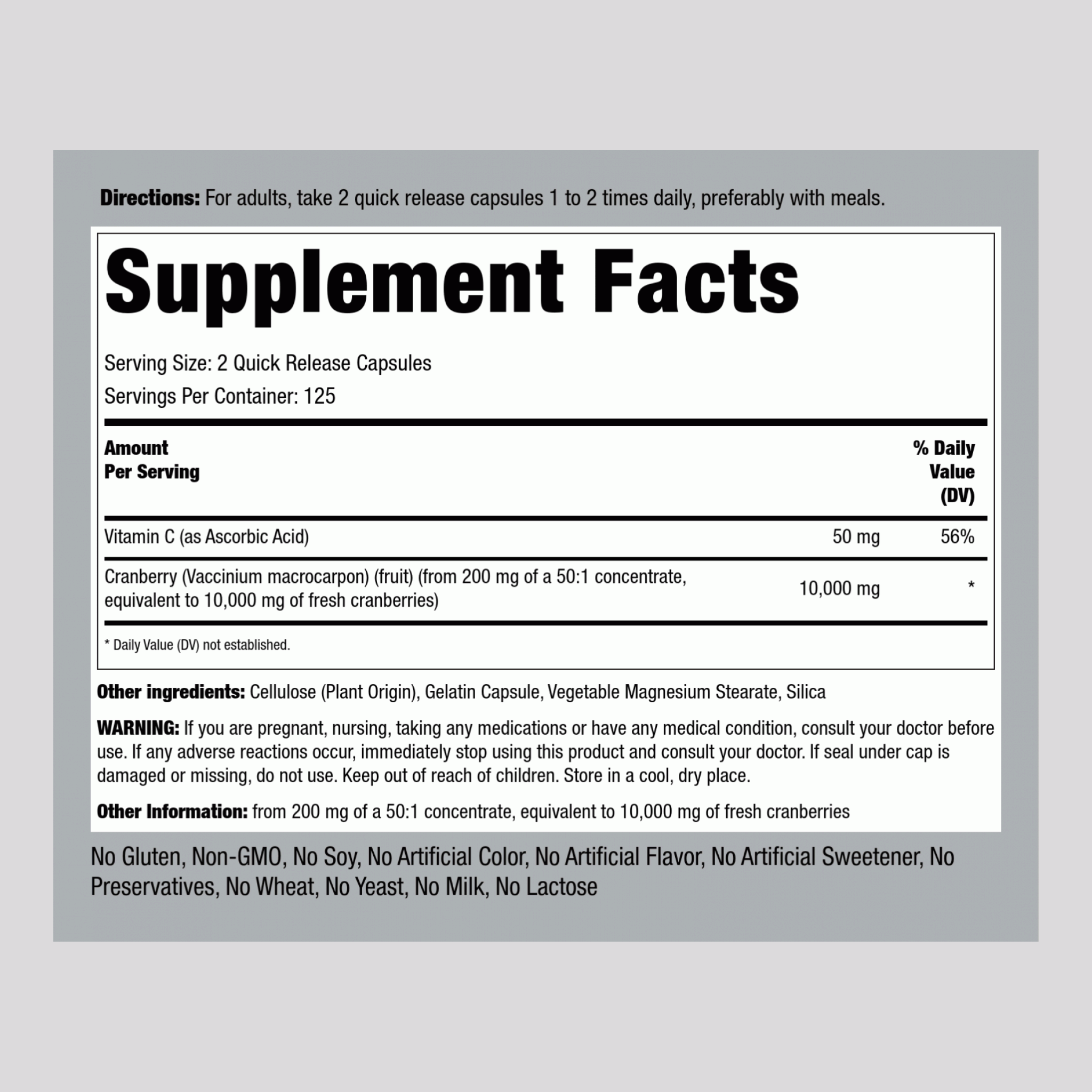 Cranberry Concentrate Plus Vitamin C, 10,000 mg (per serving), 250 Quick Release Capsules