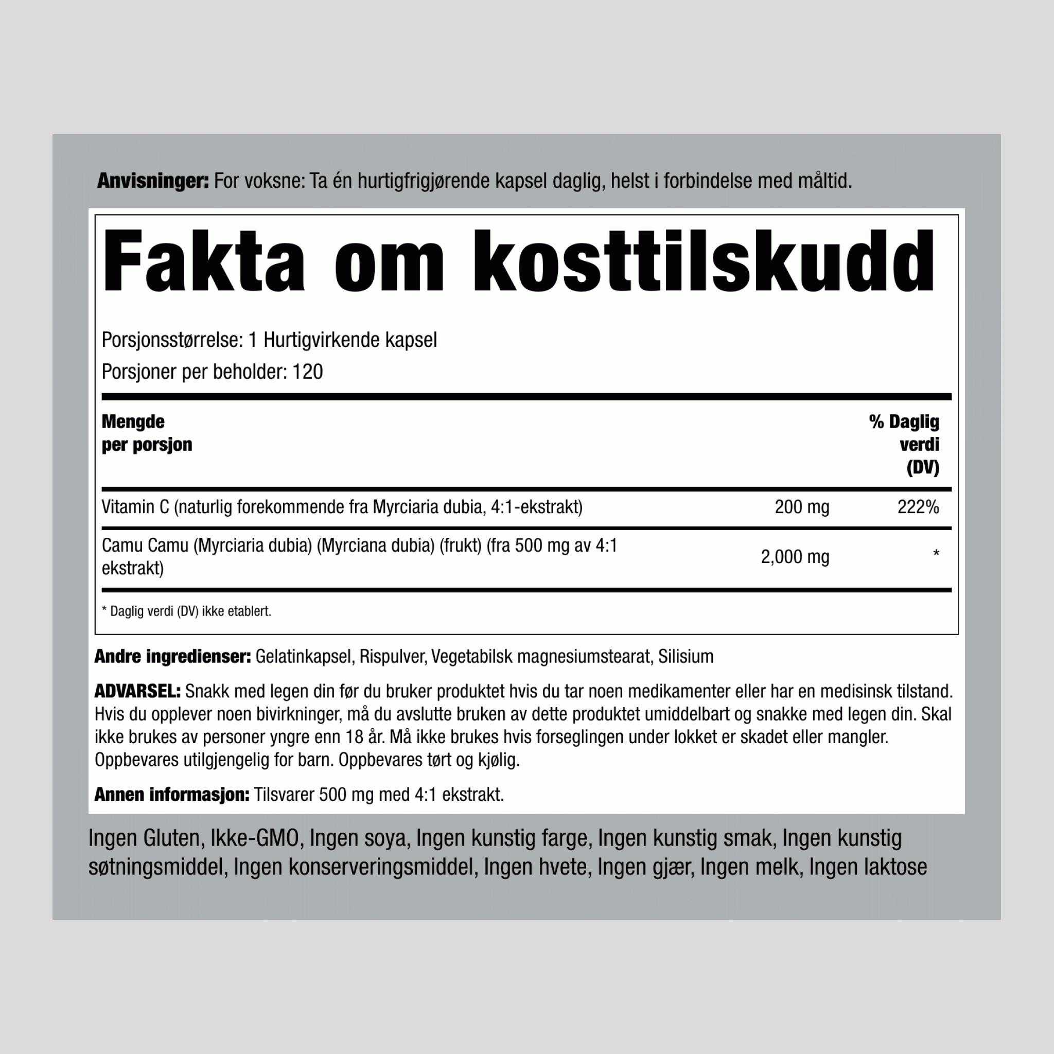 Camu Camu-ekstrakt  2000 mg 120 Hurtigvirkende kapsler 2 Flasker   