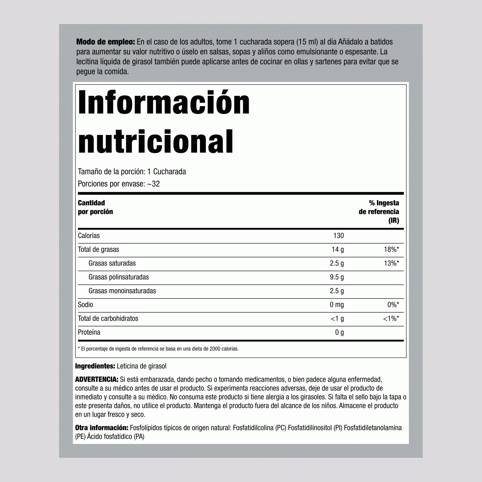 Lecitina líquida de girasol,  16 fl oz 473 ml Botella/Frasco