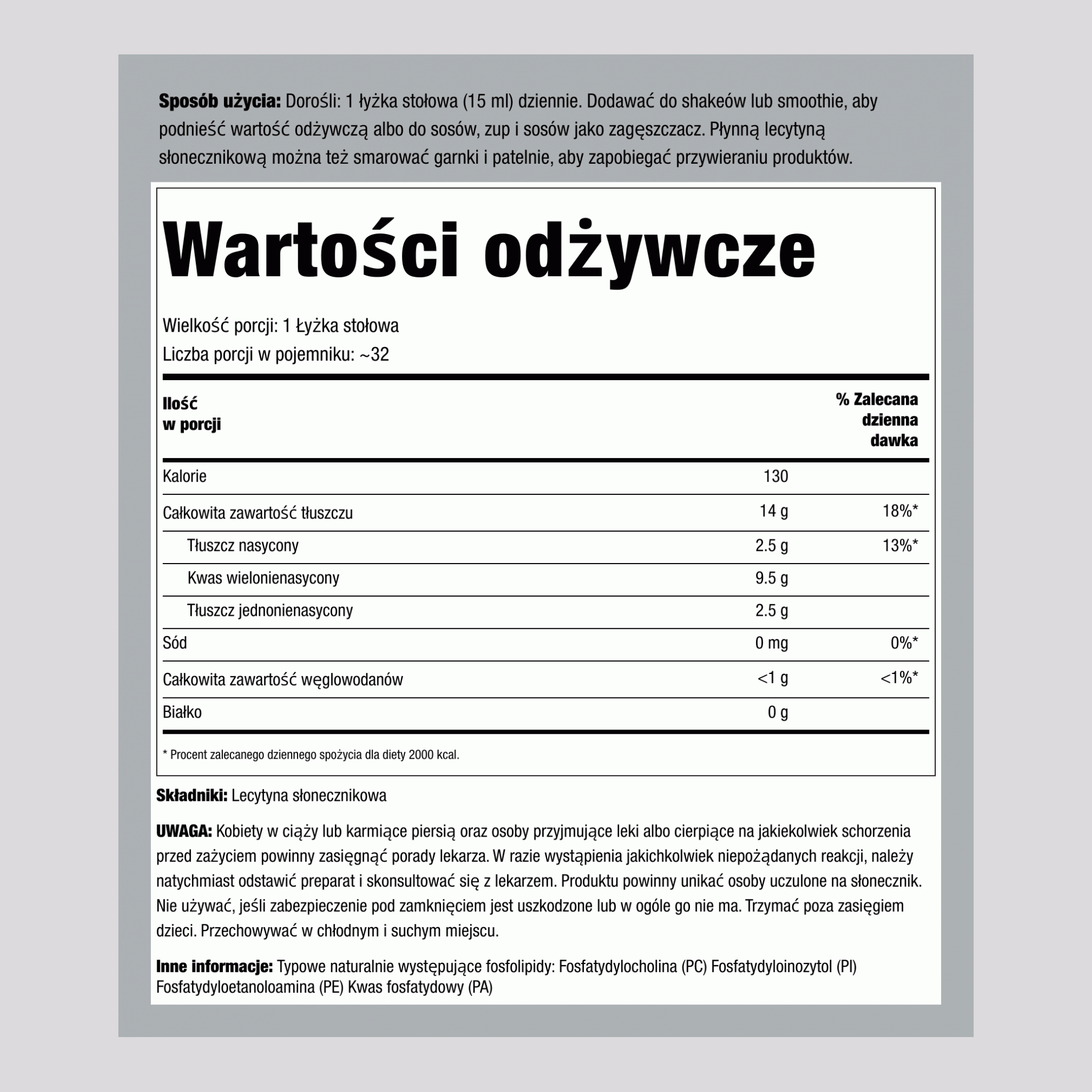Płynna lecytyna ze słonecznika,  16 Uncje sześcienne 473 ml Butelka