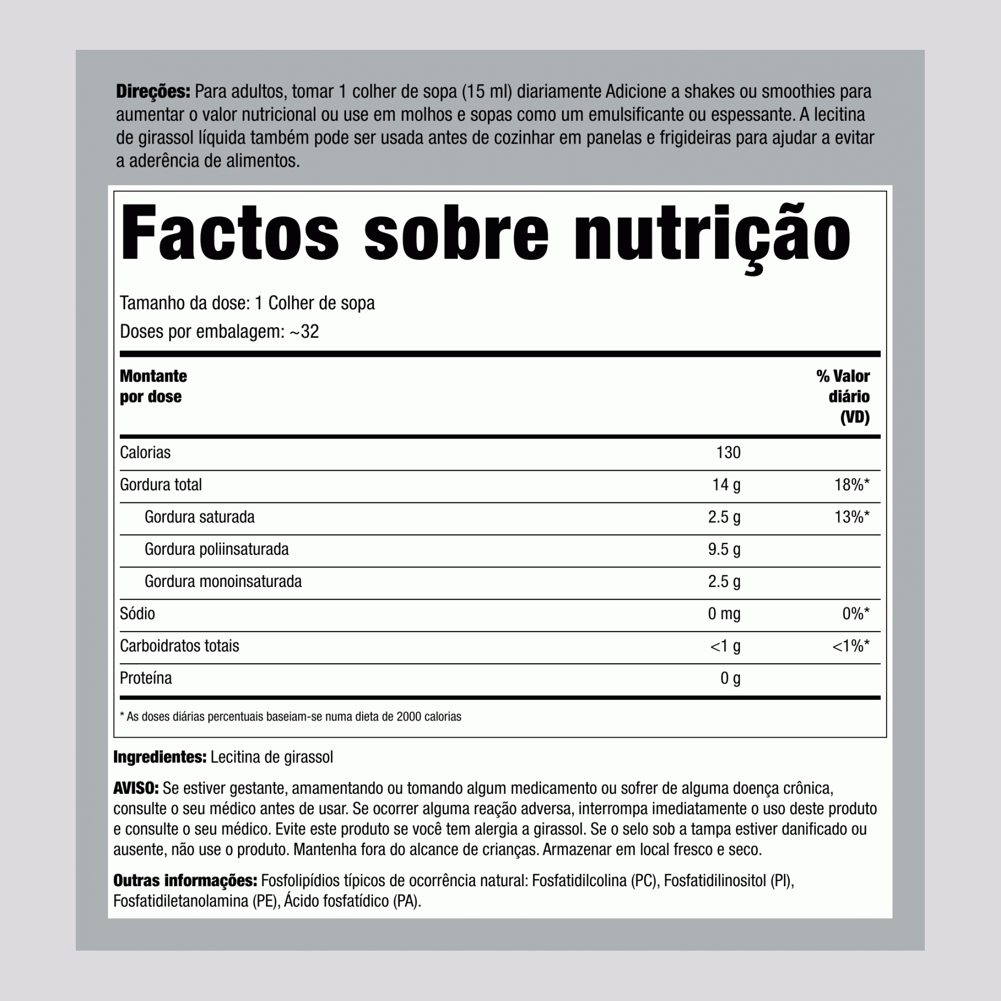 Lecitina líquida de girassol,  16 fl oz 473 ml Frasco