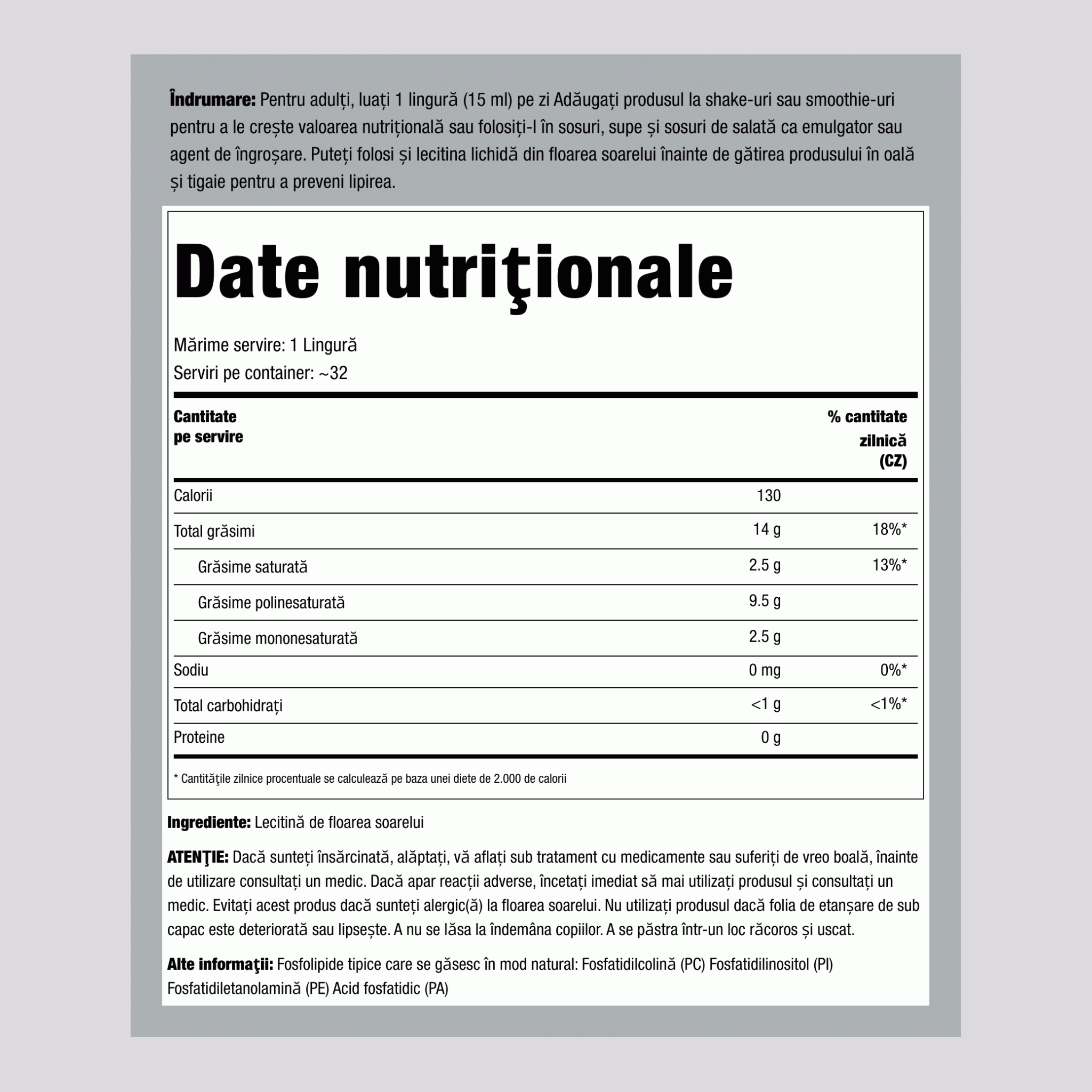 Lecitină din floarea soarelui în formă lichidă,  16 fl oz 473 ml Sticlă