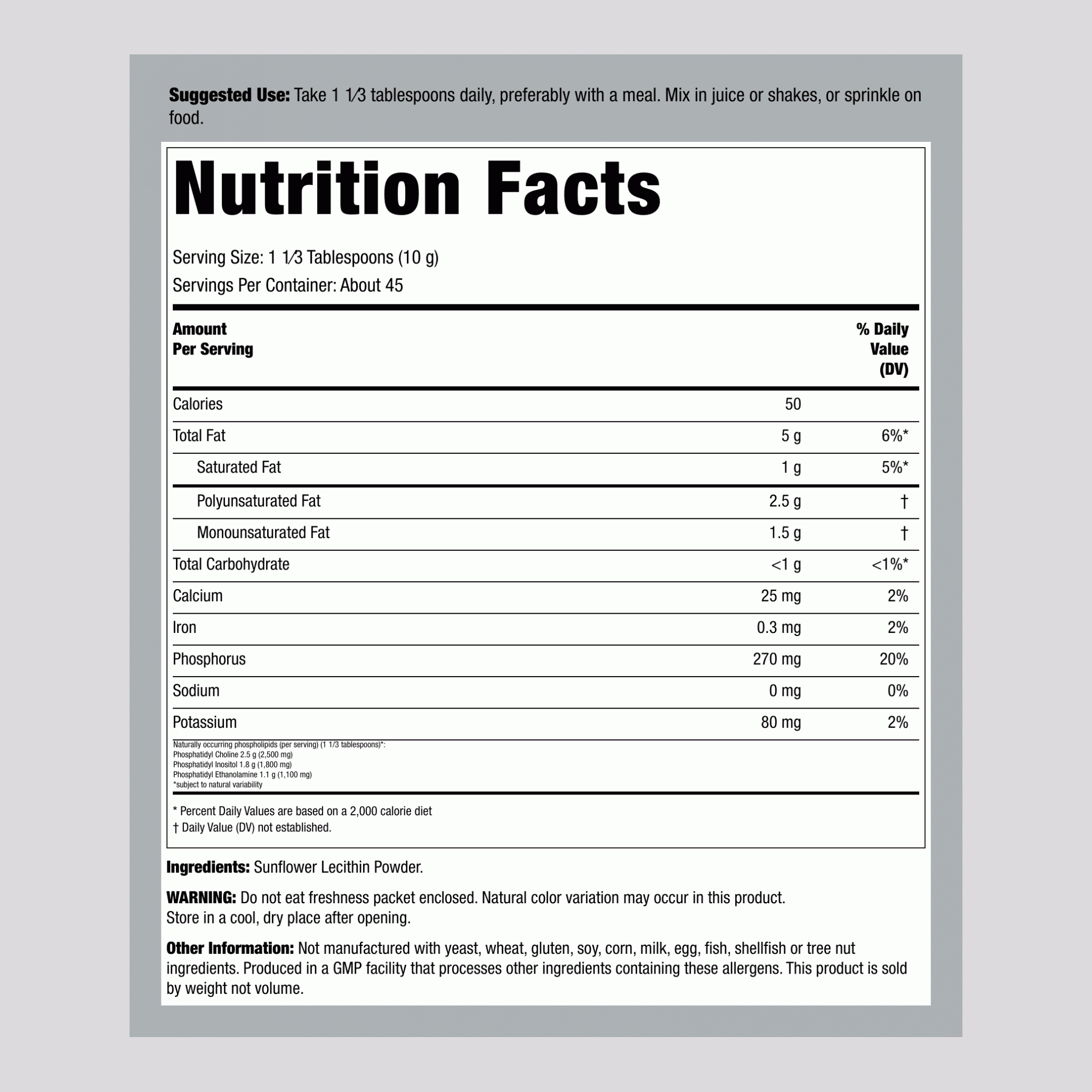 Sunflower Lecithin Powder (Non-GMO), 1 lb (454 g) Powder