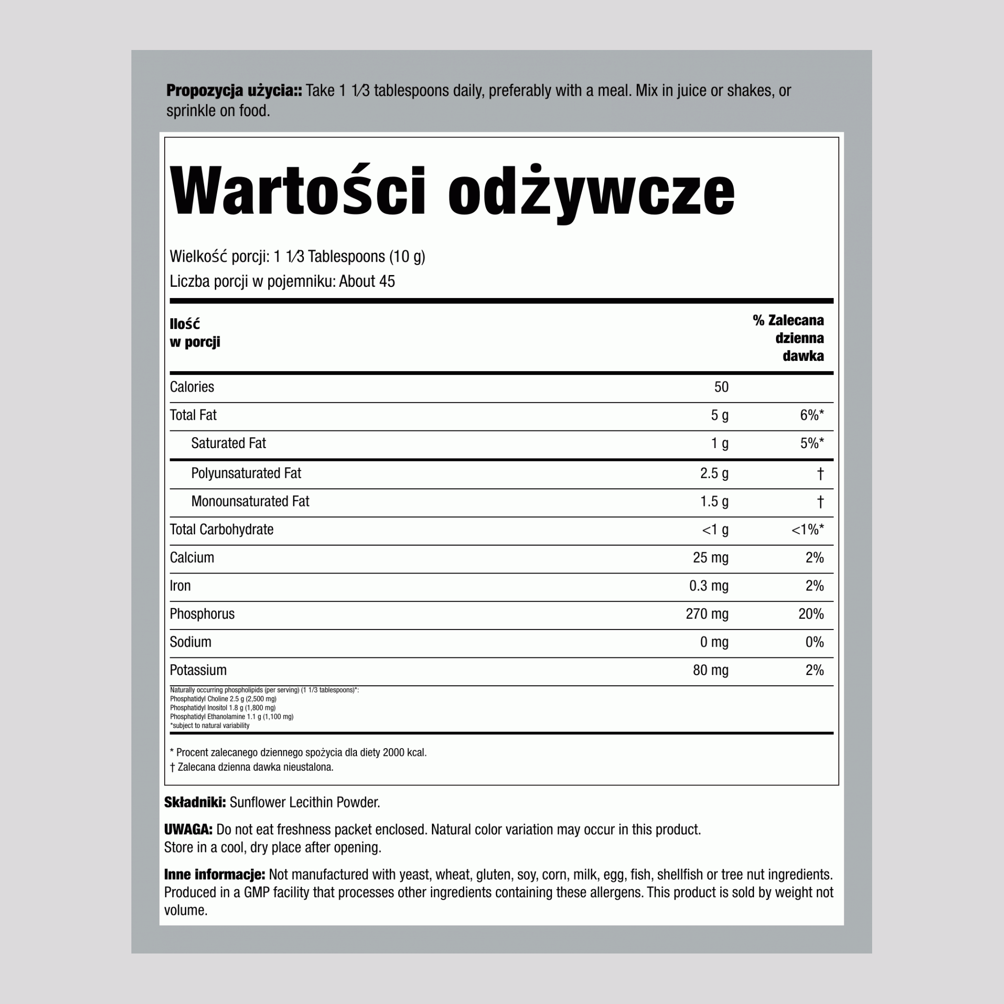 Lecytyna ze słonecznika Granulki (bez GMO) 1 lb 454 g Proszek    