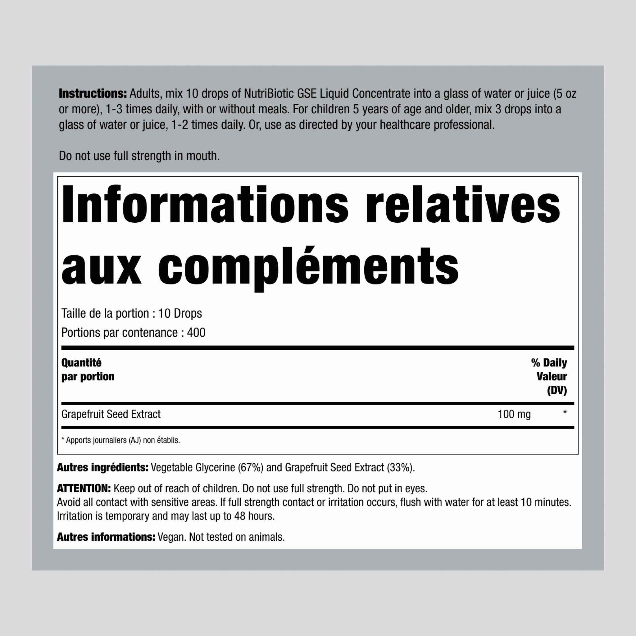 Extrait liquide de graines de pamplemousse GSE,  4 onces liquides 118 ml Compte-gouttes en verre