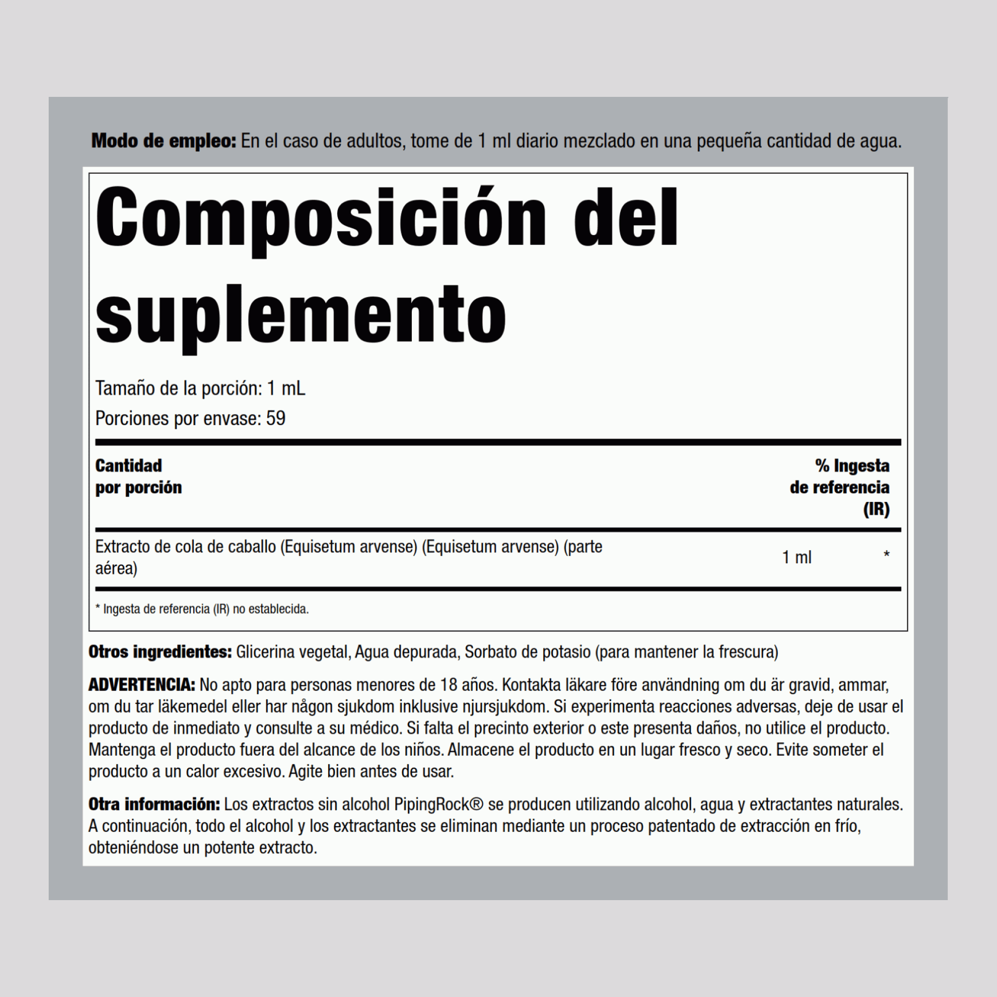 Extracto líquido de cola de caballo - Sin alcohol 2 fl oz 59 mL Frasco con dosificador    