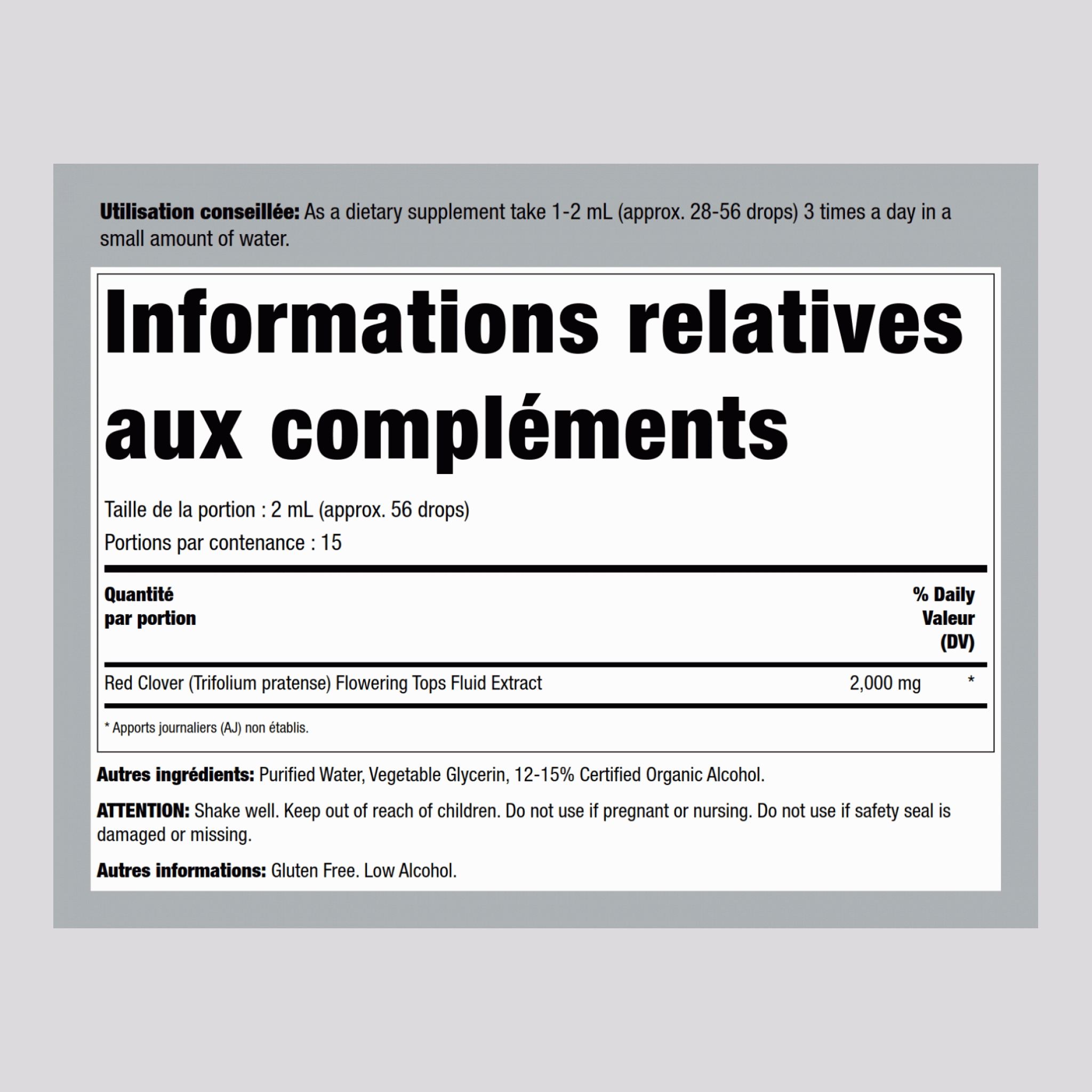 Extrait liquide de trèfle des prés 1 onces liquides 30 mL Compte-gouttes en verre    