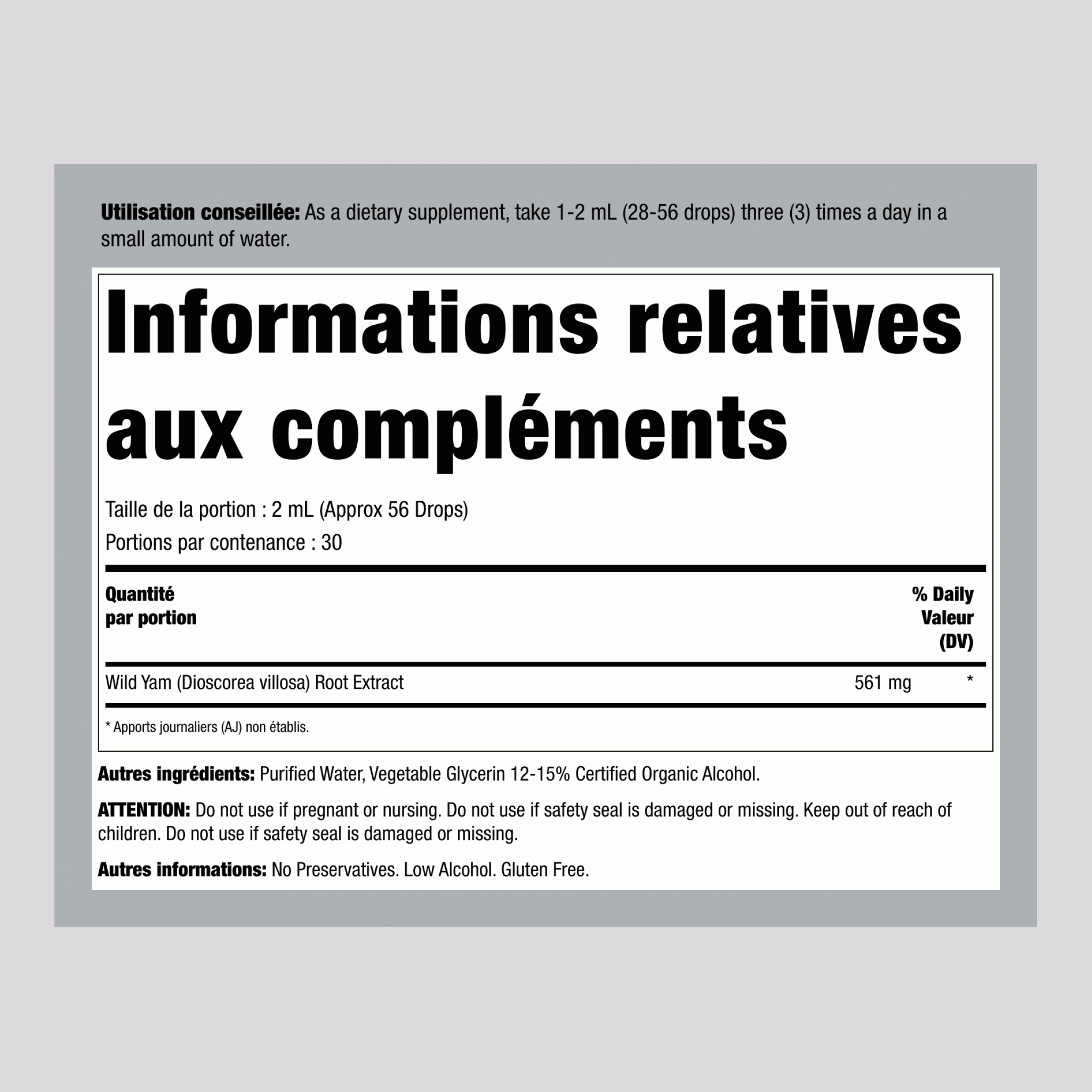 Extrait liquide d’igname sauvage 2 onces liquides 60 mL Compte-gouttes en verre    