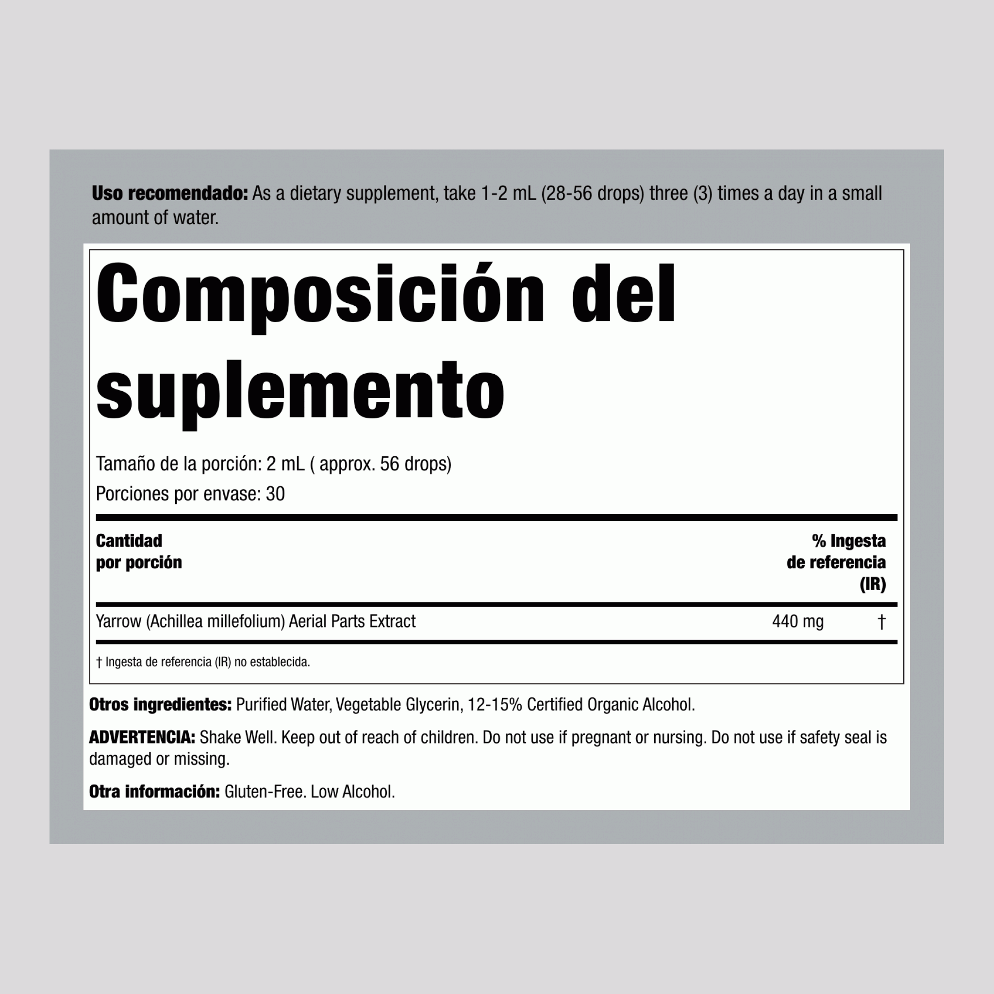 Extracto líquido de flores de milenrama 1 fl oz 30 mL Frasco con dosificador    