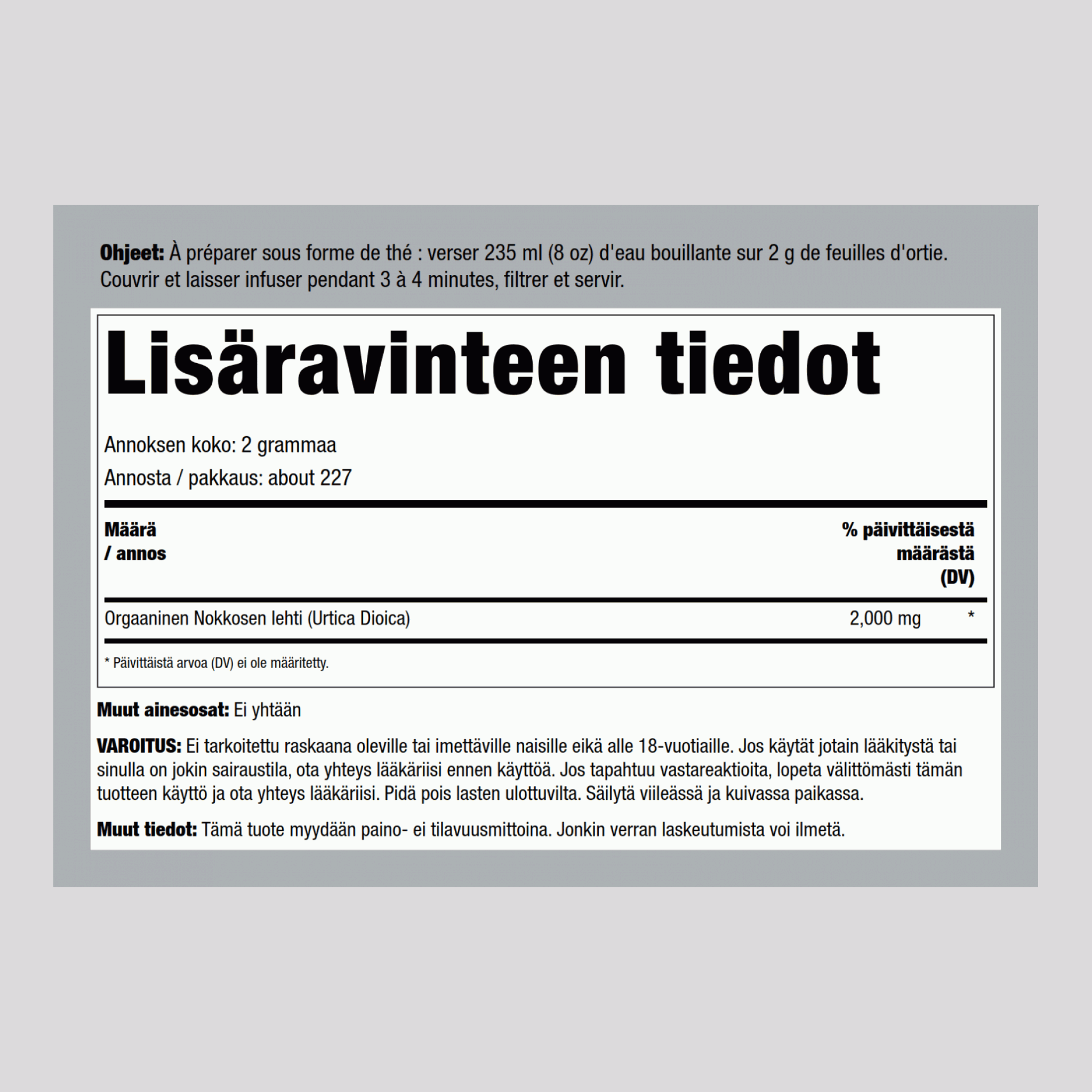 Nokkosenlehti, leikattu ja seulottu (Orgaaninen) 1 lb 454 g Pussi    