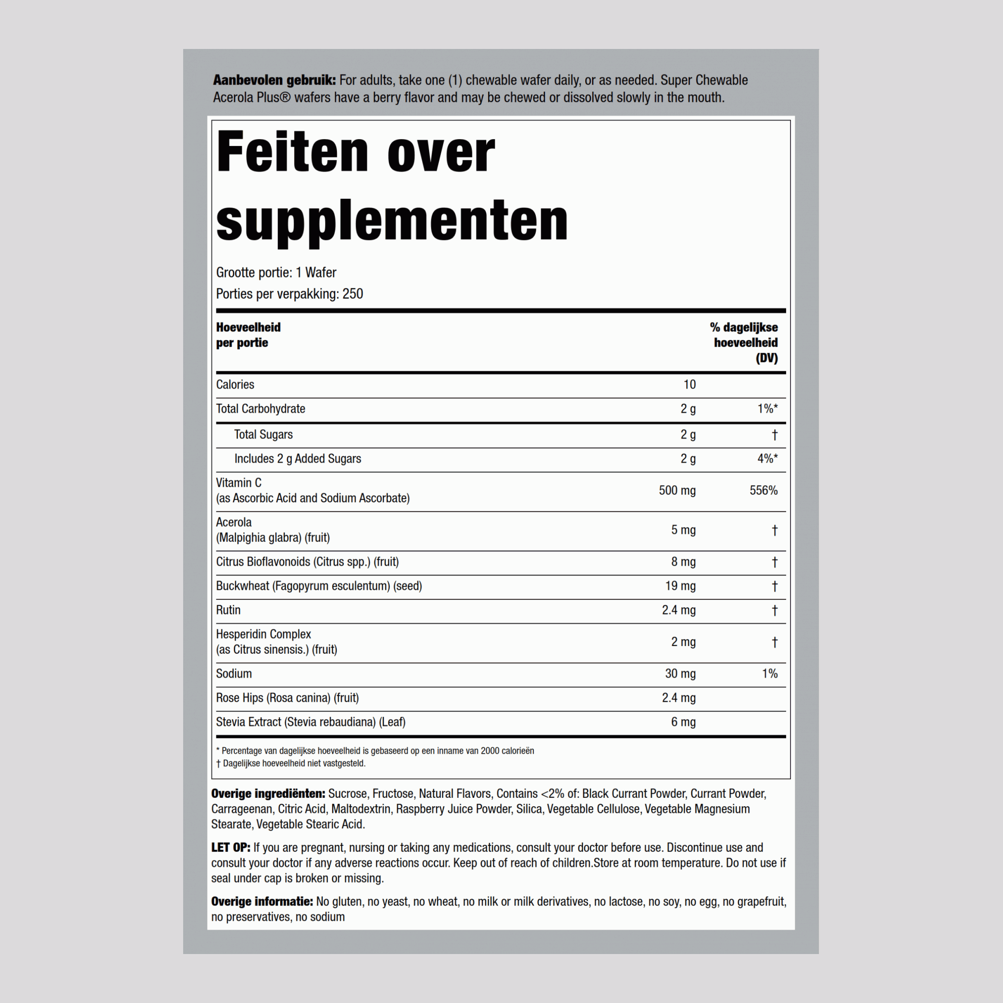 Super acerolabes plus vitamine C - kauwbaar (natuurlijke bes) 500 mg 250 Kauwbare tabletten     