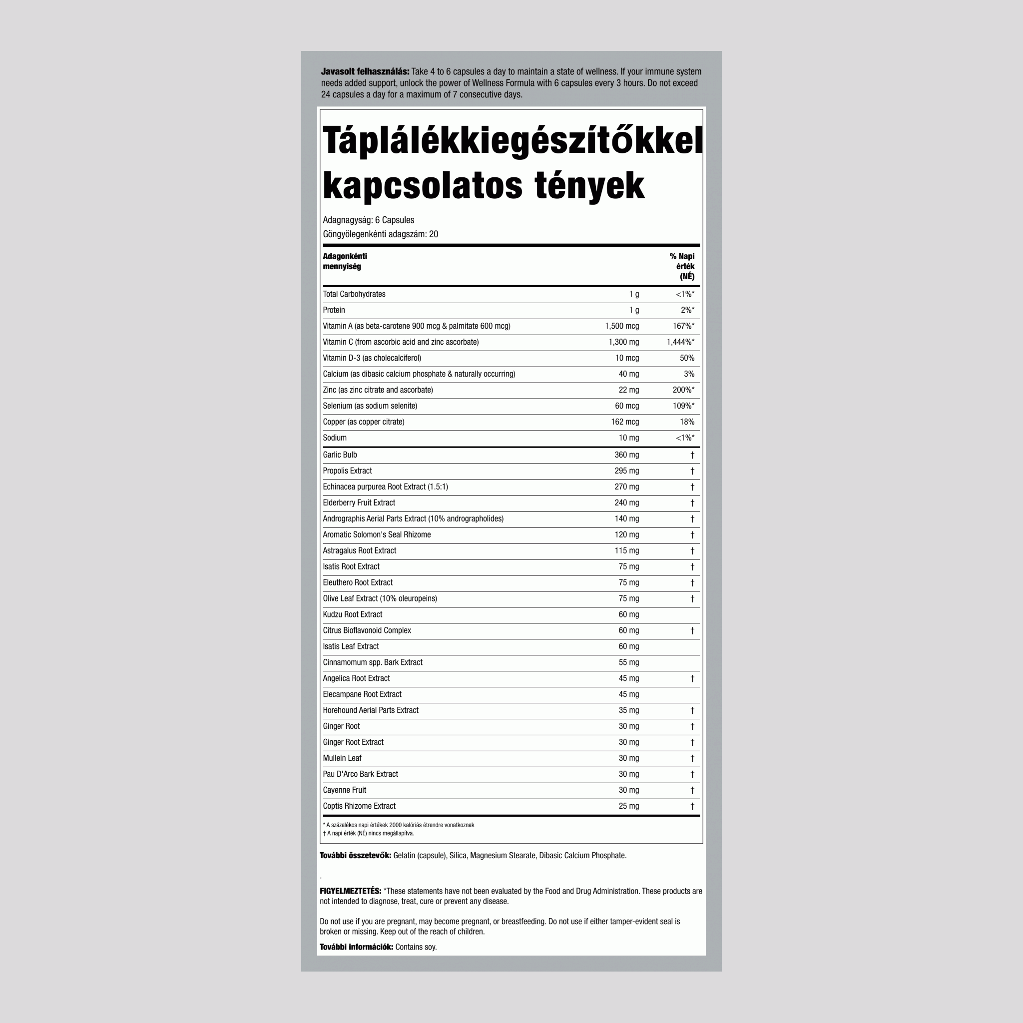 Wellness képlet – gyógynövényes védekező összetétel 120 Kapszulák       