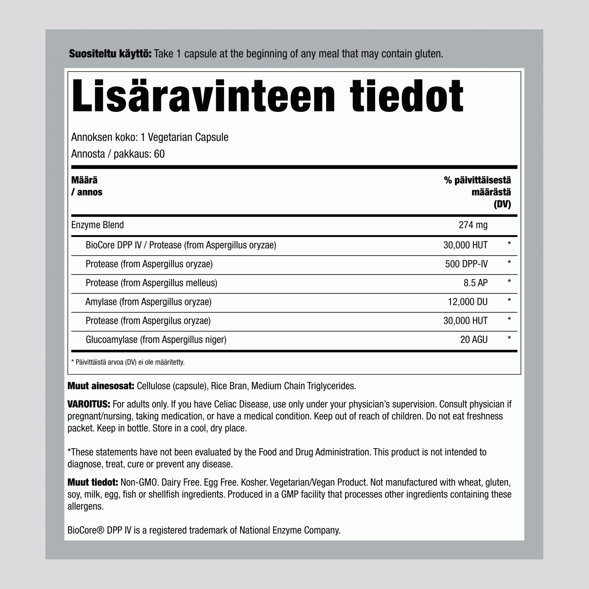 Gluteenia hajottavat entsyymit 60 Kasviskapselit       