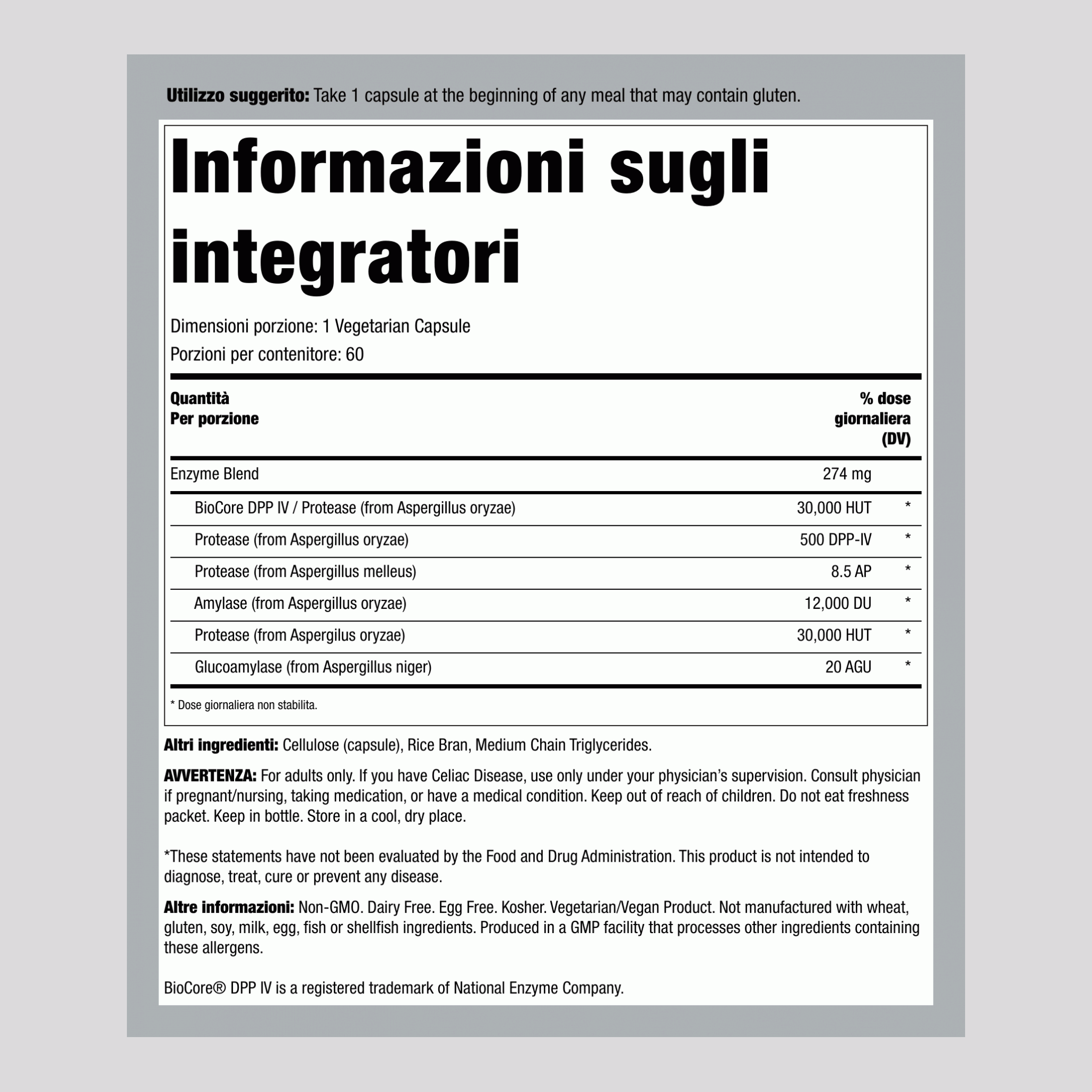 Enzimi digestivi glutine 60 Capsule vegetariane       