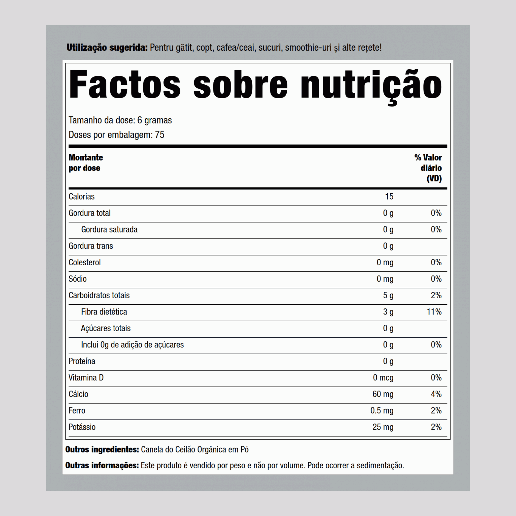 Pó de canela de Ceilão (Orgânico) 1 lb 454 g Saco    