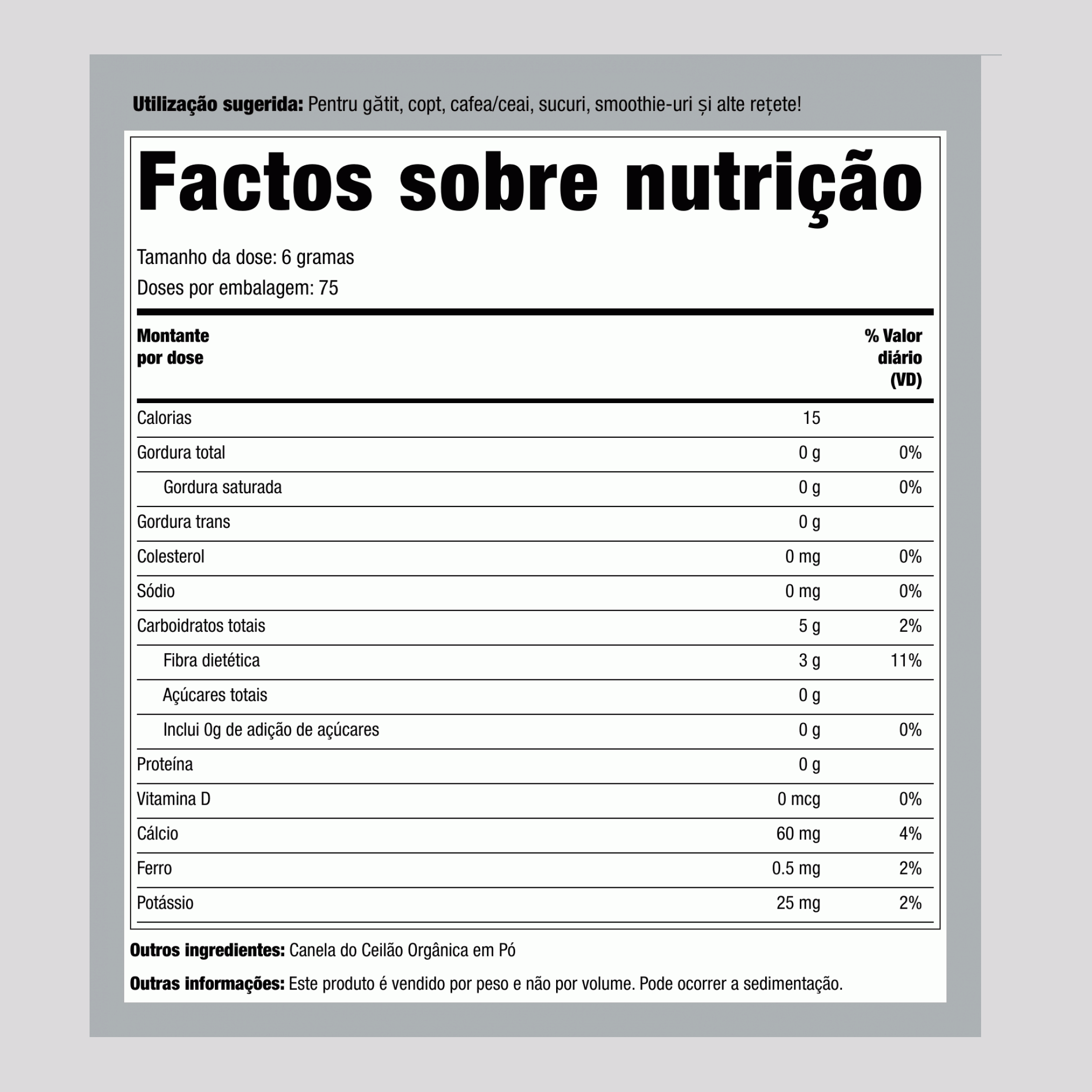 Pó de canela de Ceilão (Orgânico) 1 lb 454 g Saco    
