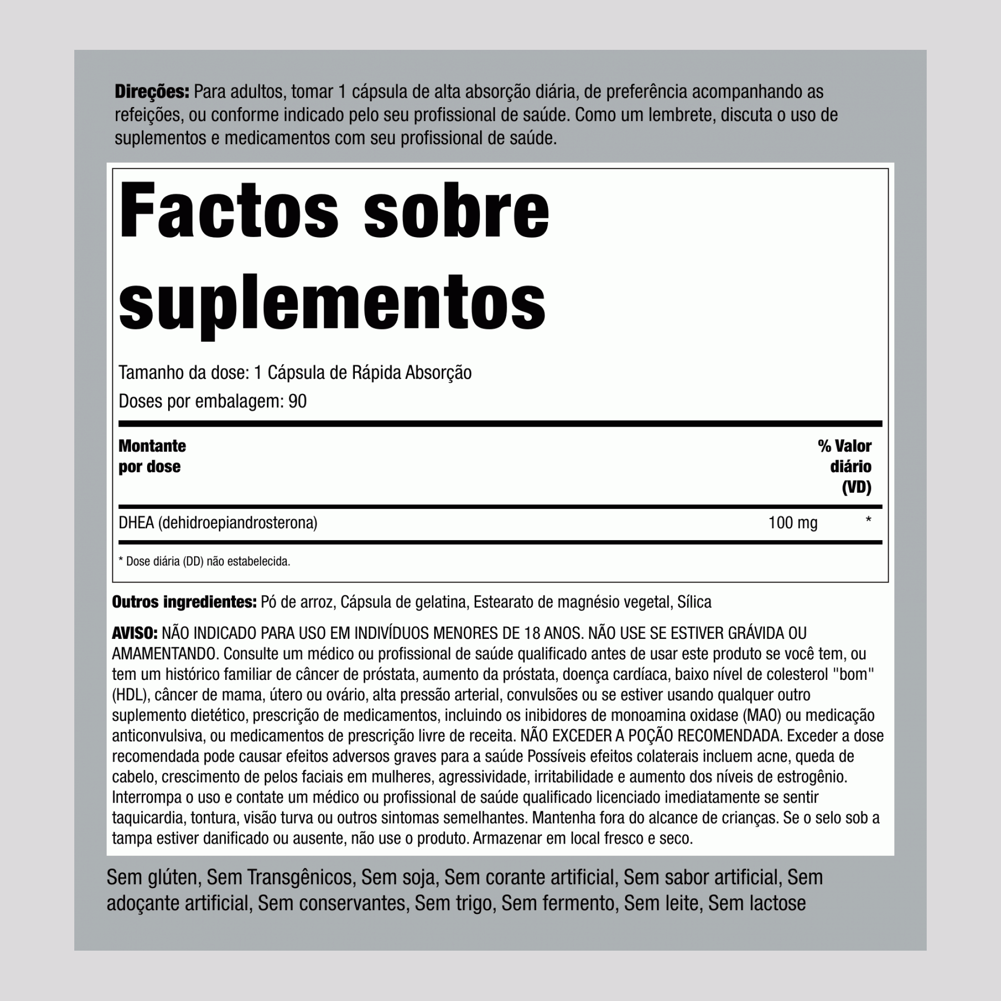 DHEA  100 mg 90 Cápsulas de Rápida Absorção     