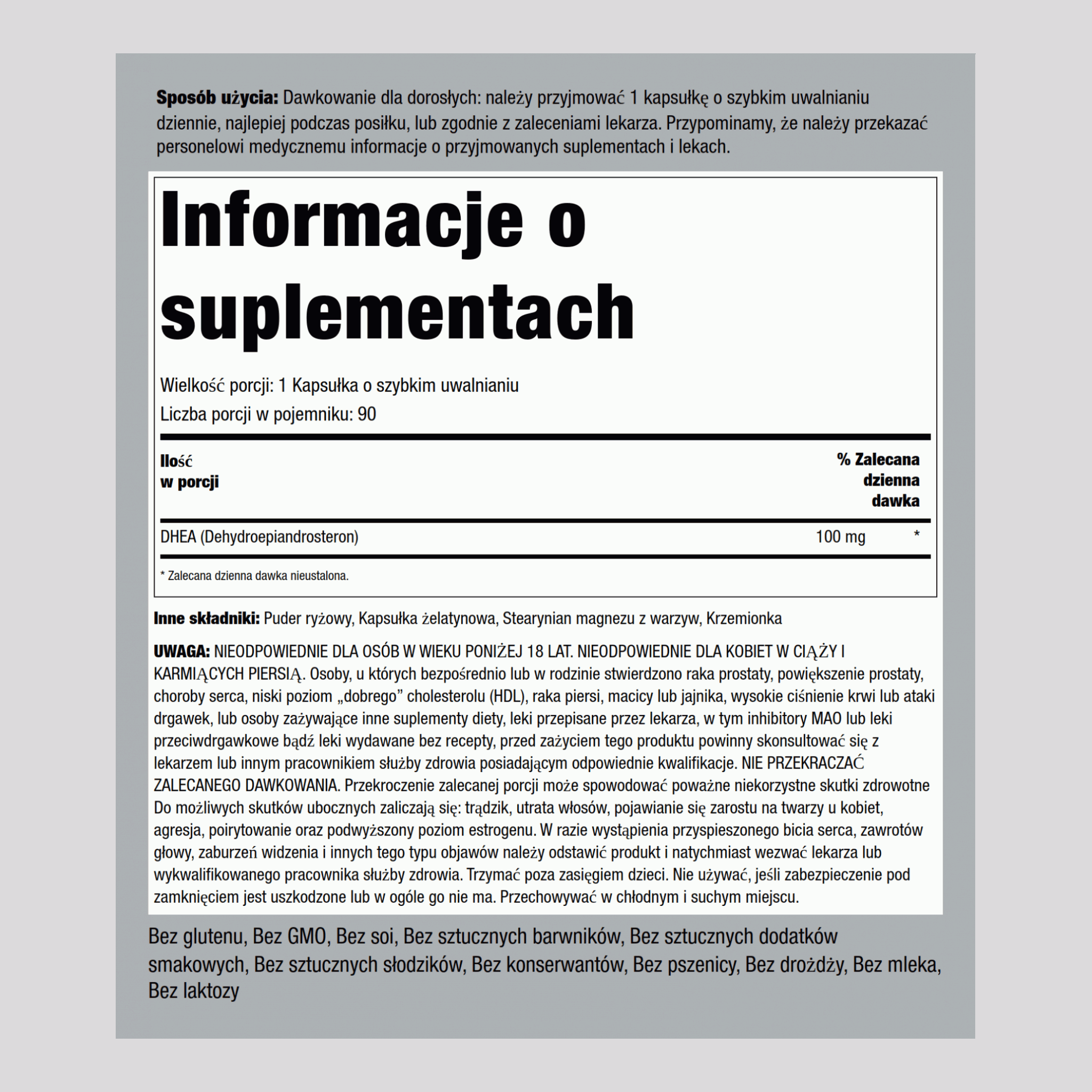 DHEA  100 mg 90 Kapsułki o szybkim uwalnianiu     