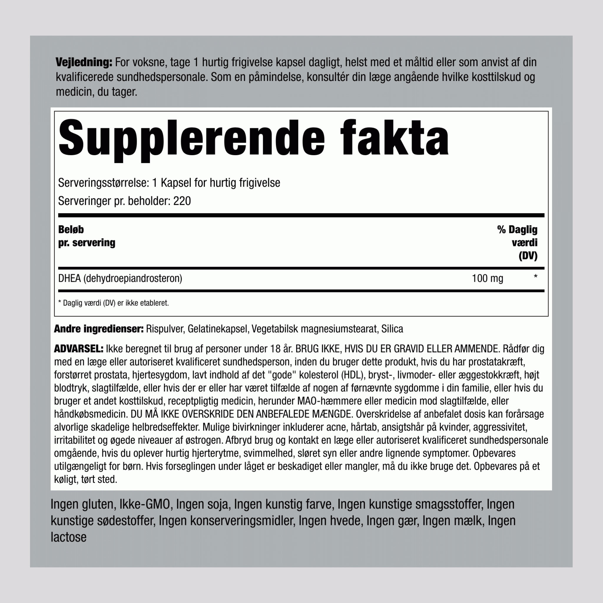 DHEA, 100 mg, 220 Hurtig Udløsende Kapsler