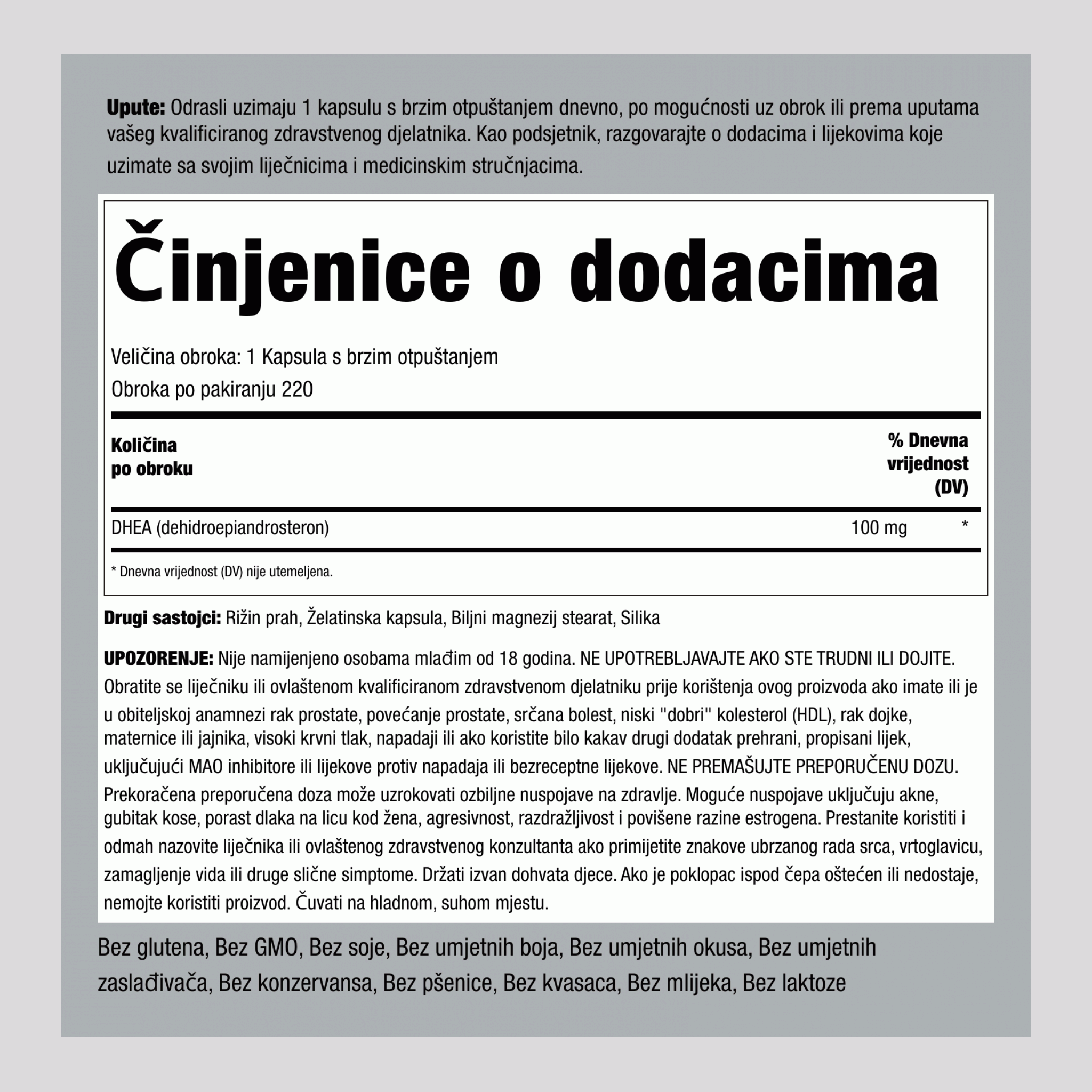 DHEA, 100 mg, 220 kapsula s brzim oslobađanjem