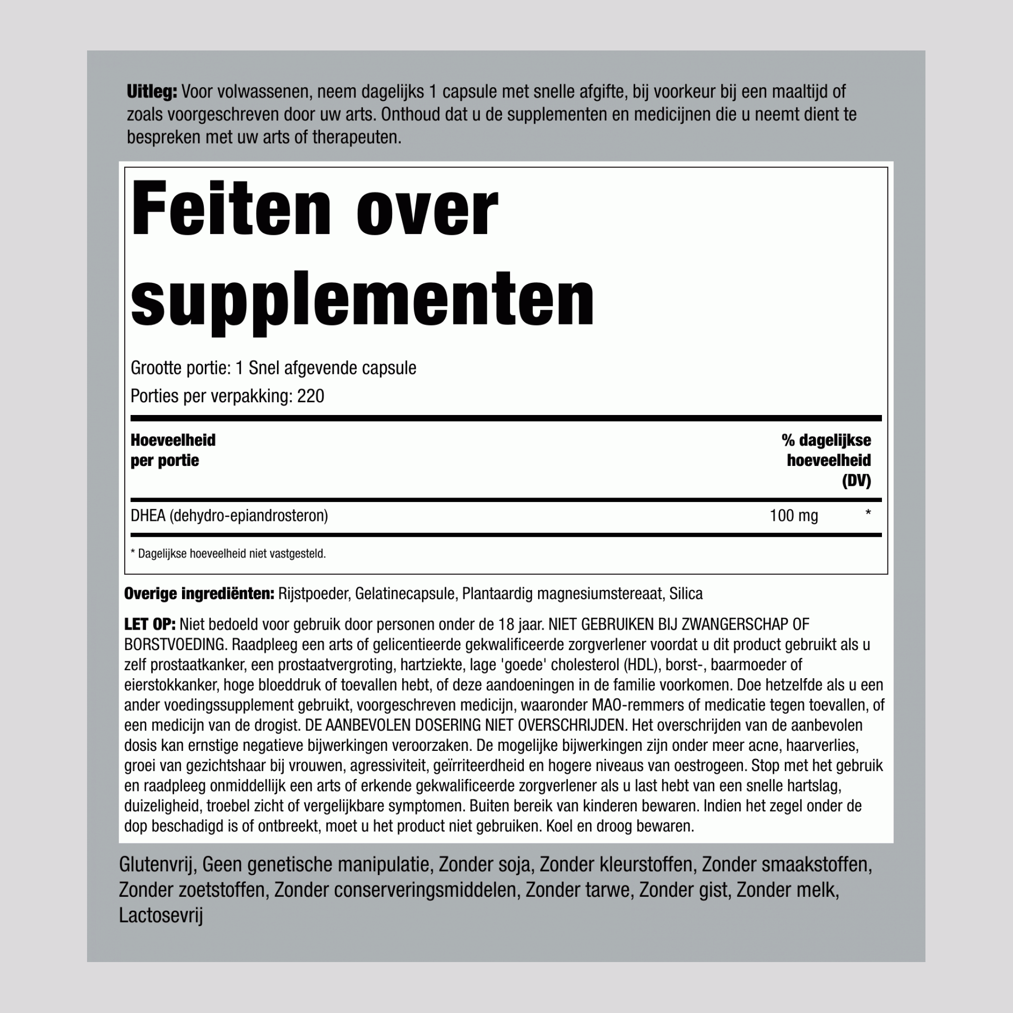 DHEA, 100 mg, 220 Snel Vrijgevende Capsules