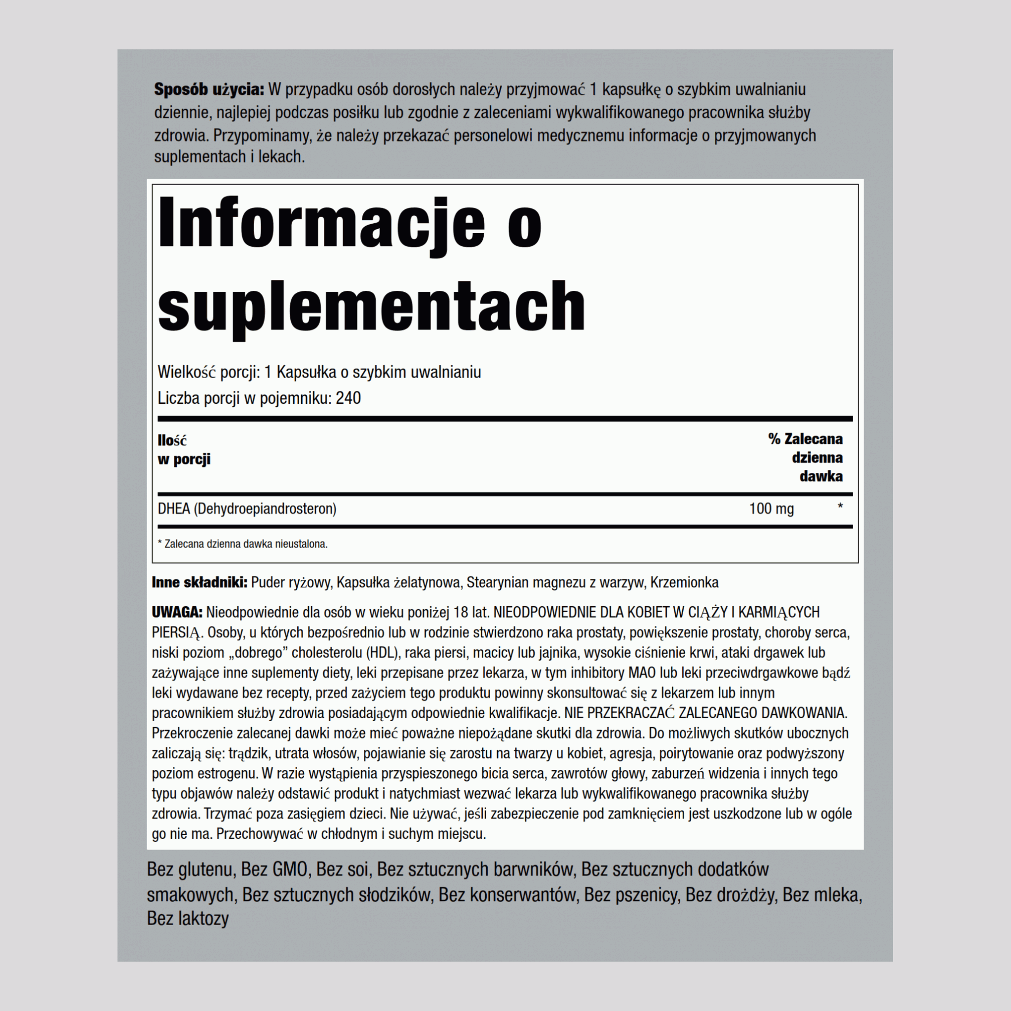 DHEA  100 mg 200 Kapsułki o szybkim uwalnianiu     