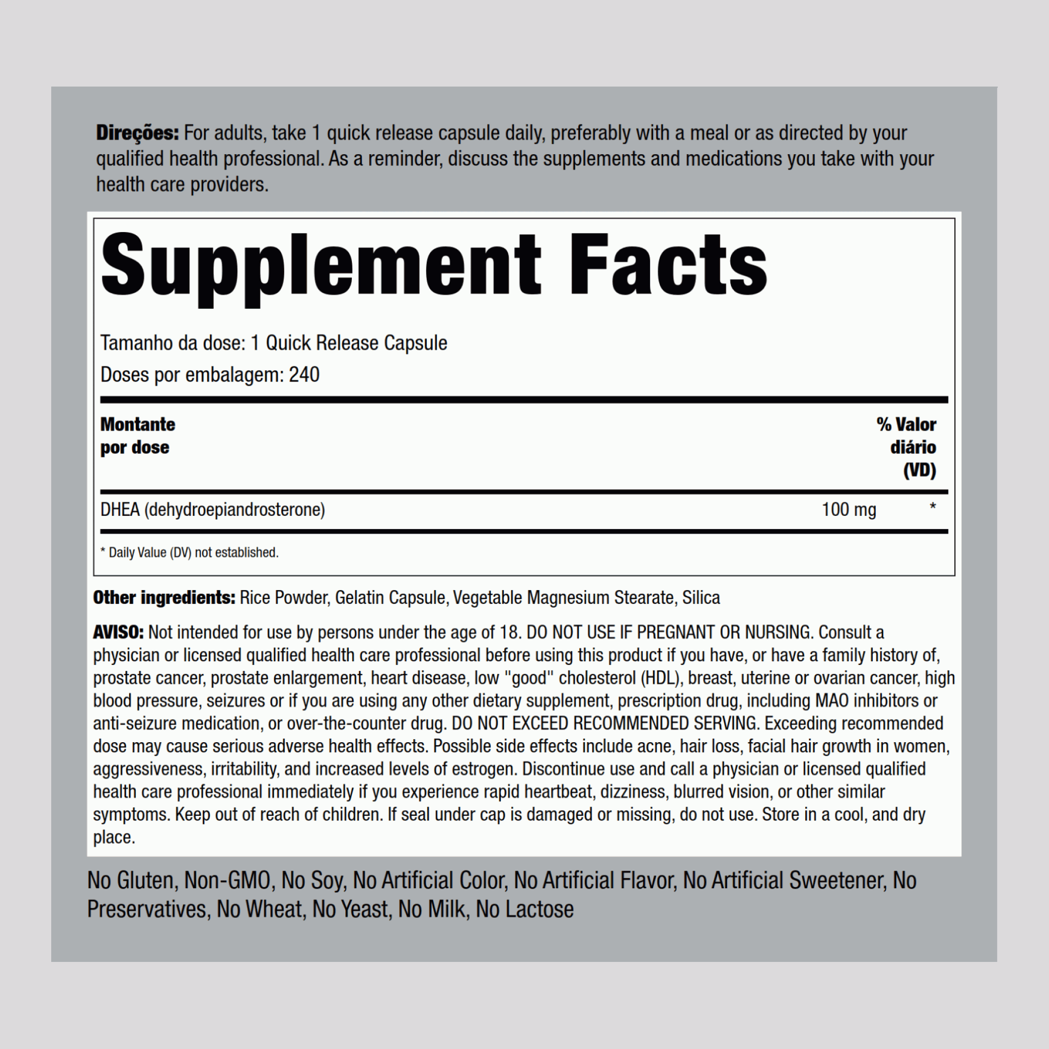 DHEA  100 mg 200 Cápsulas de Rápida Absorção     