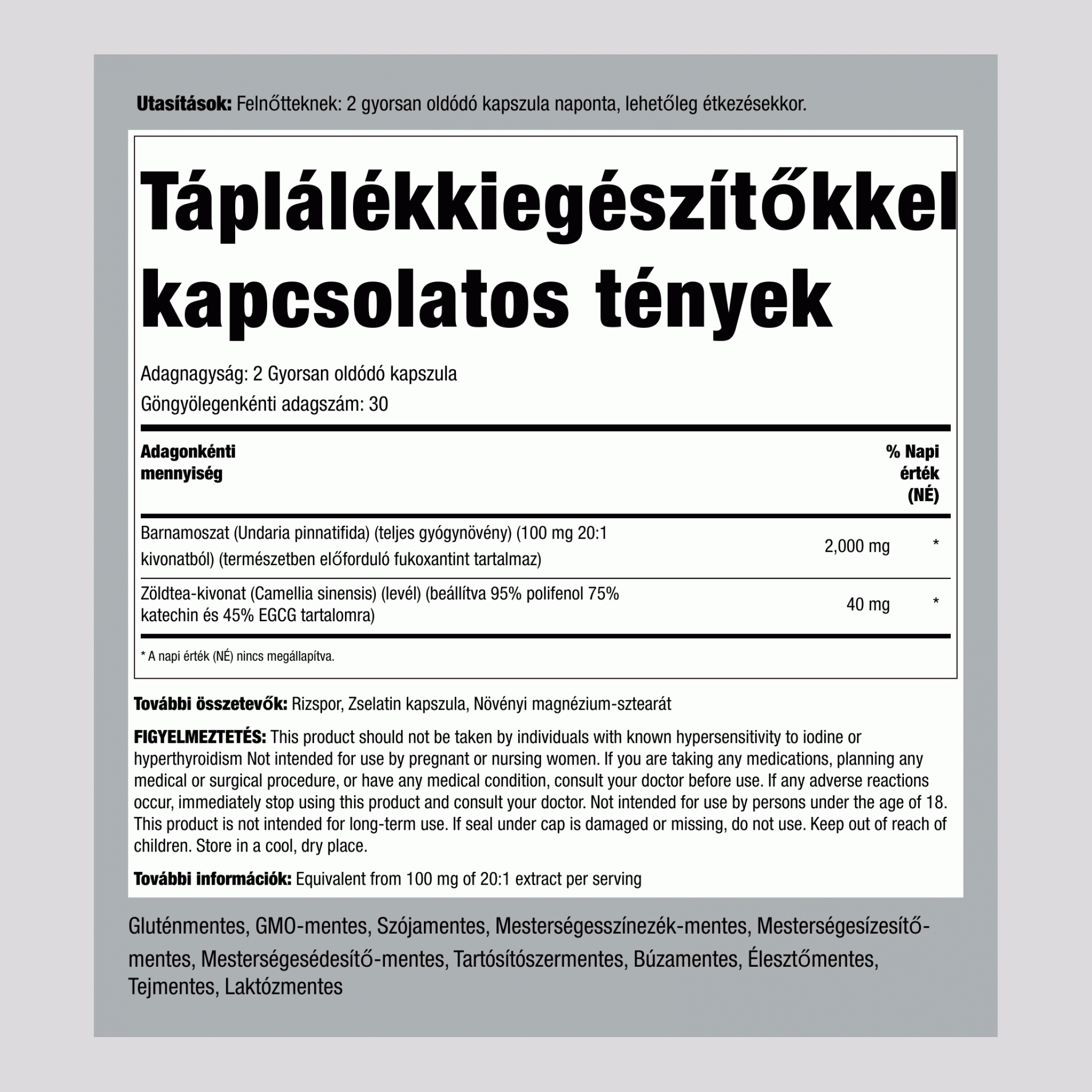 Barnamoszat plusz (Wakame),  2000 mg (adagonként) 60 Gyorsan oldódó kapszula 2 Palackok