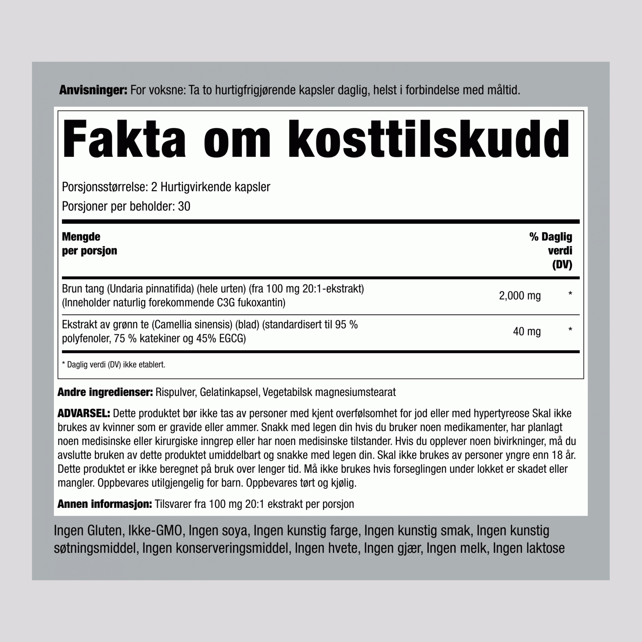 Brun Tang Plus (Wakame),  2000 mg (per dose) 60 Hurtigvirkende kapsler 2 Flasker