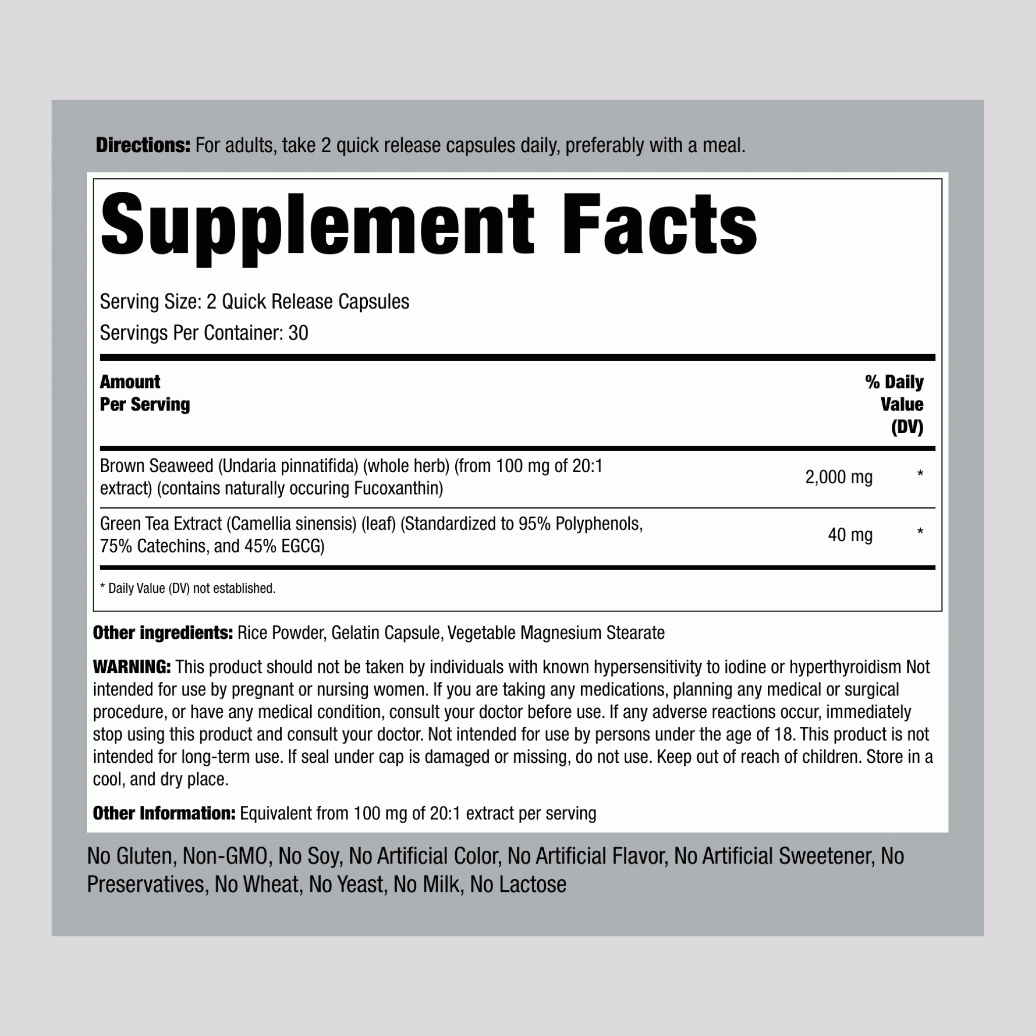 褐海藻加（裙帶菜）膠囊    ,  2000 毫克 (每份) 60 快速釋放膠囊 2 瓶子