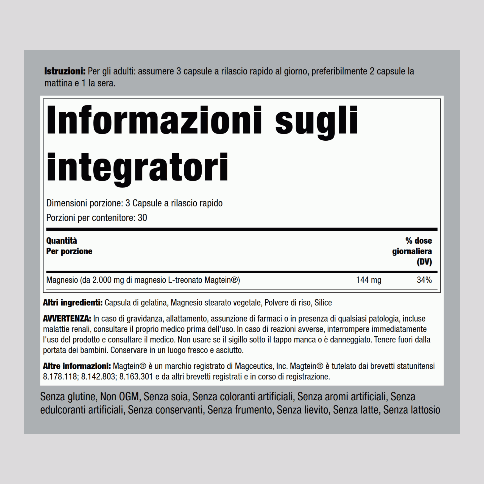 Magnesio l-treonato Magteina 90 Capsule a rilascio rapido 2 Bottiglie     