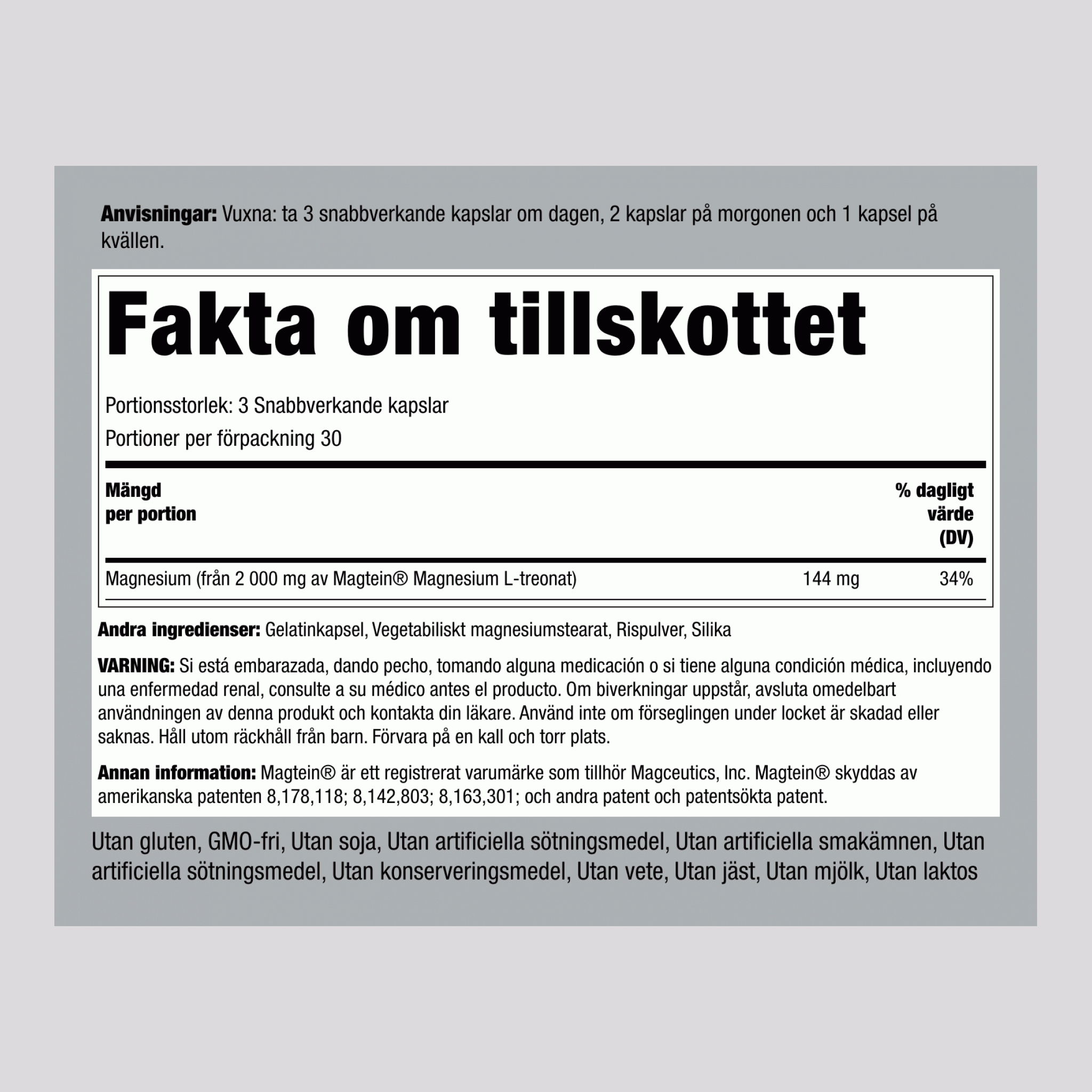 Magnezijev L-treonat – Magtein 90 Kapsule s hitrim sproščanjem 2 Steklenice     