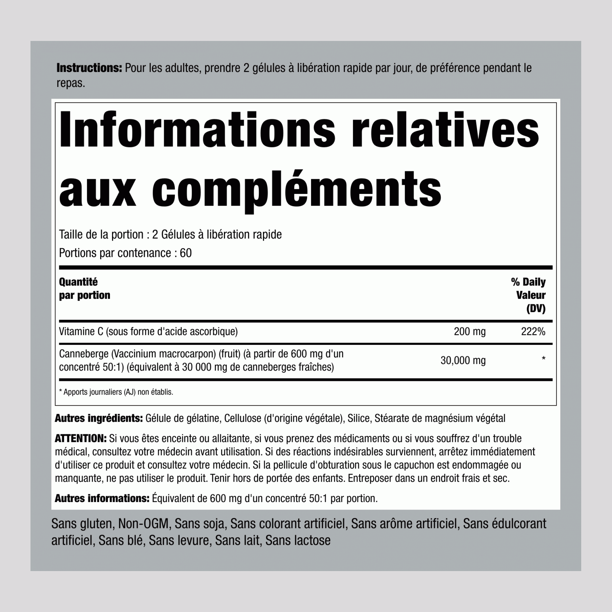 Ultra Triple Force Canneberge Plus C, 30 000 mg (par portion), 120 Capsules à Libération Rapide