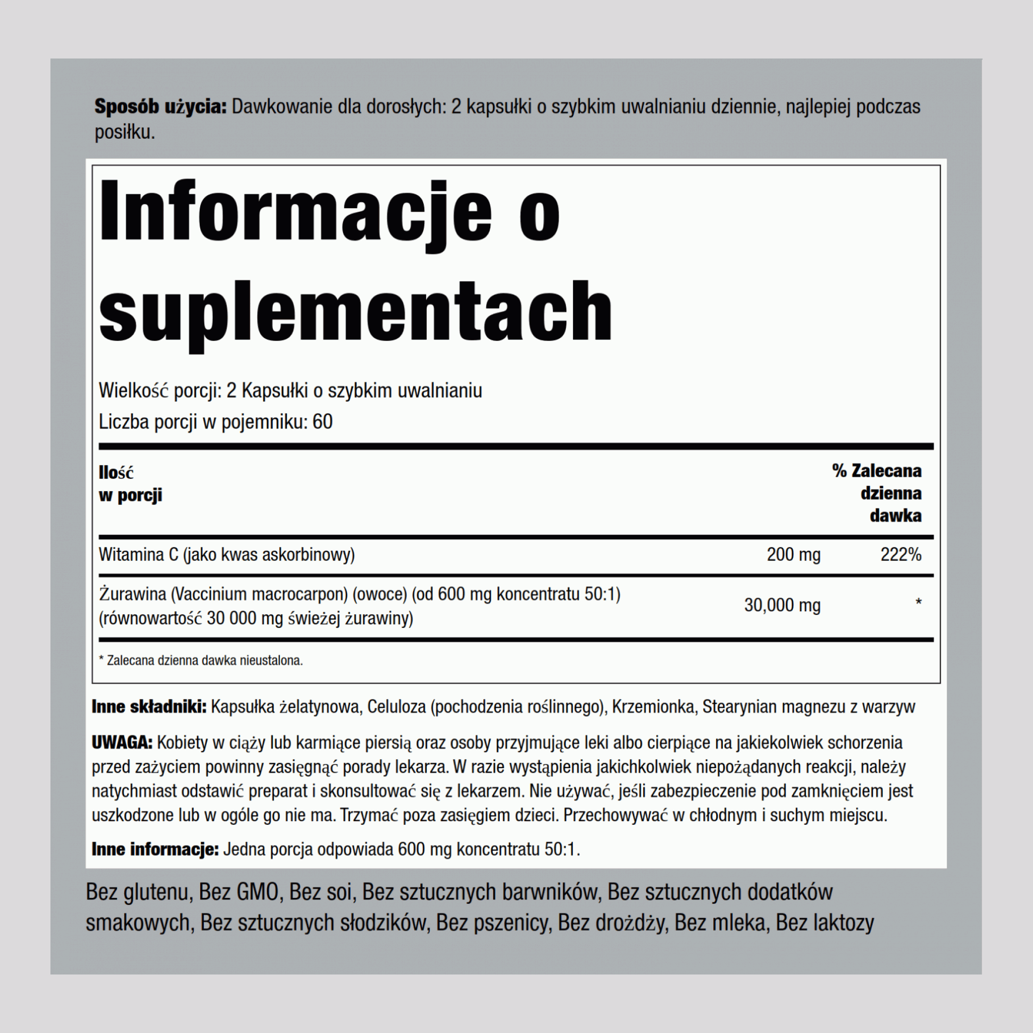 Ultra żurawina o potrójnej sile plus witamina C, 30,000 mg (na porcję) 30,000 mg (na porcję) 150 Kapsułki o szybkim uwalnianiu     