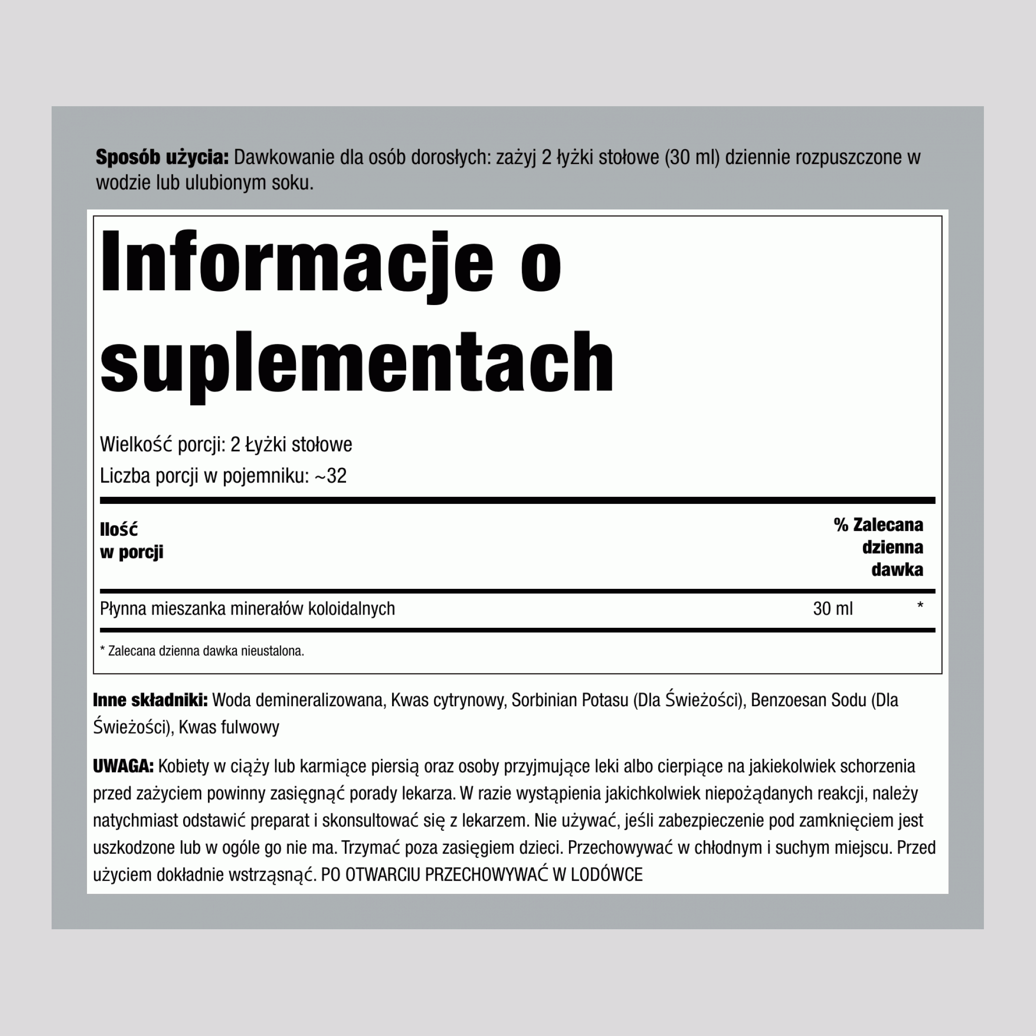 Minerały koloidalne (bez substancji smakowych),  32 Uncje sześcienne 946 ml Butelka 2 Butelki
