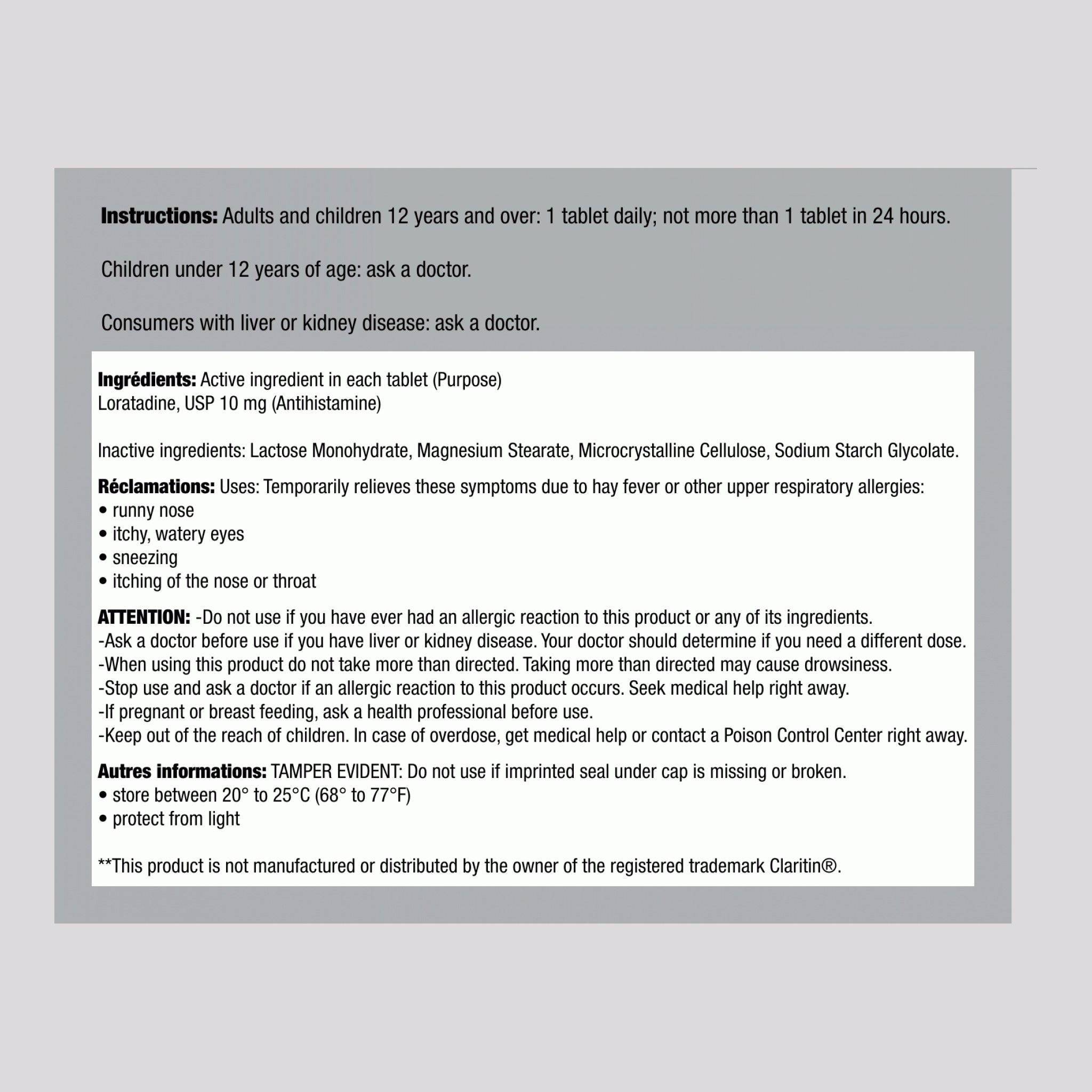 Loratadine anti-somnolence soulagement des allergies 10 mg Comparé à Claritin 30 Tabletlər     