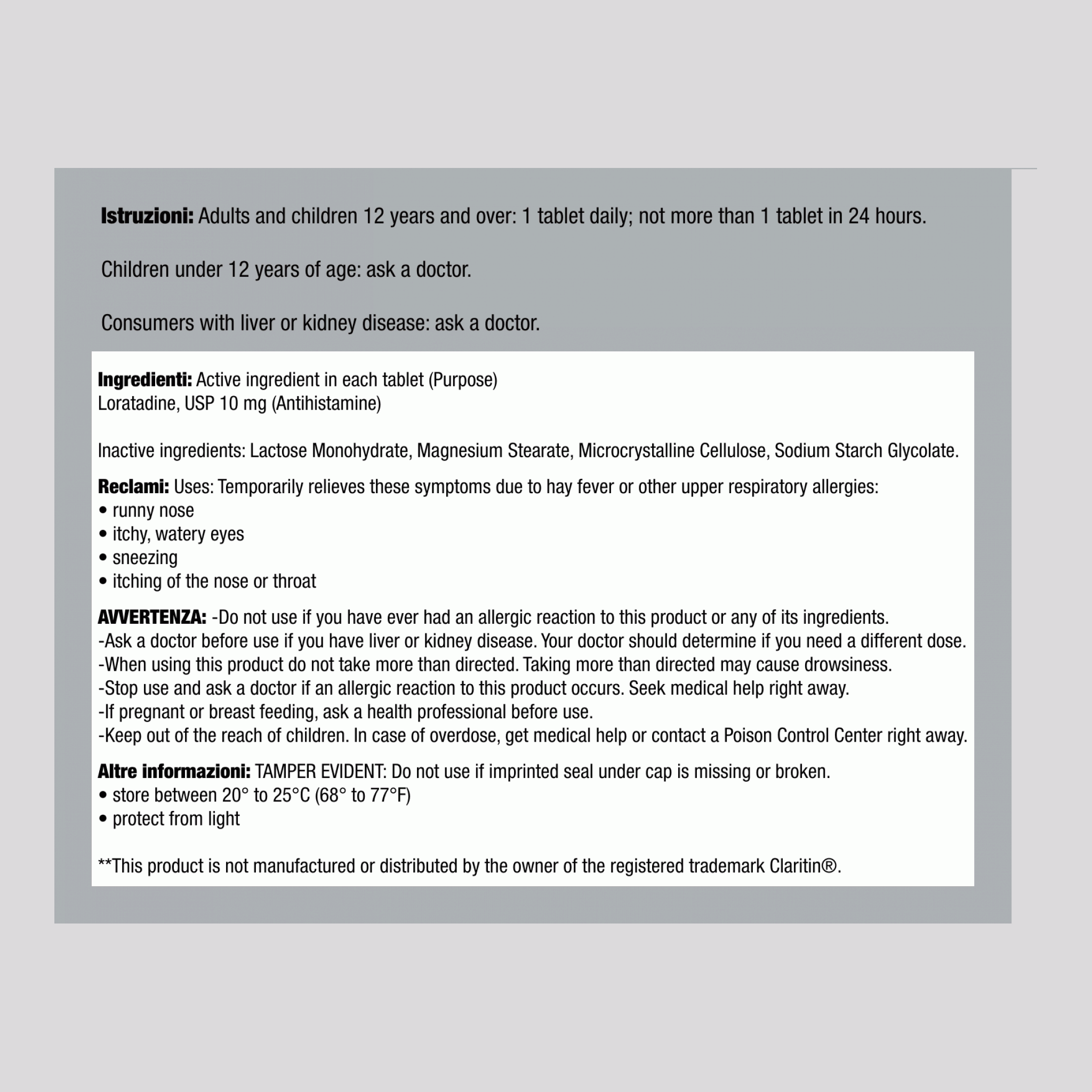 Loratadina, antistaminico 10 mg (non procura sonnolenza) Confrontare con Claritin 30 Tabletlər     