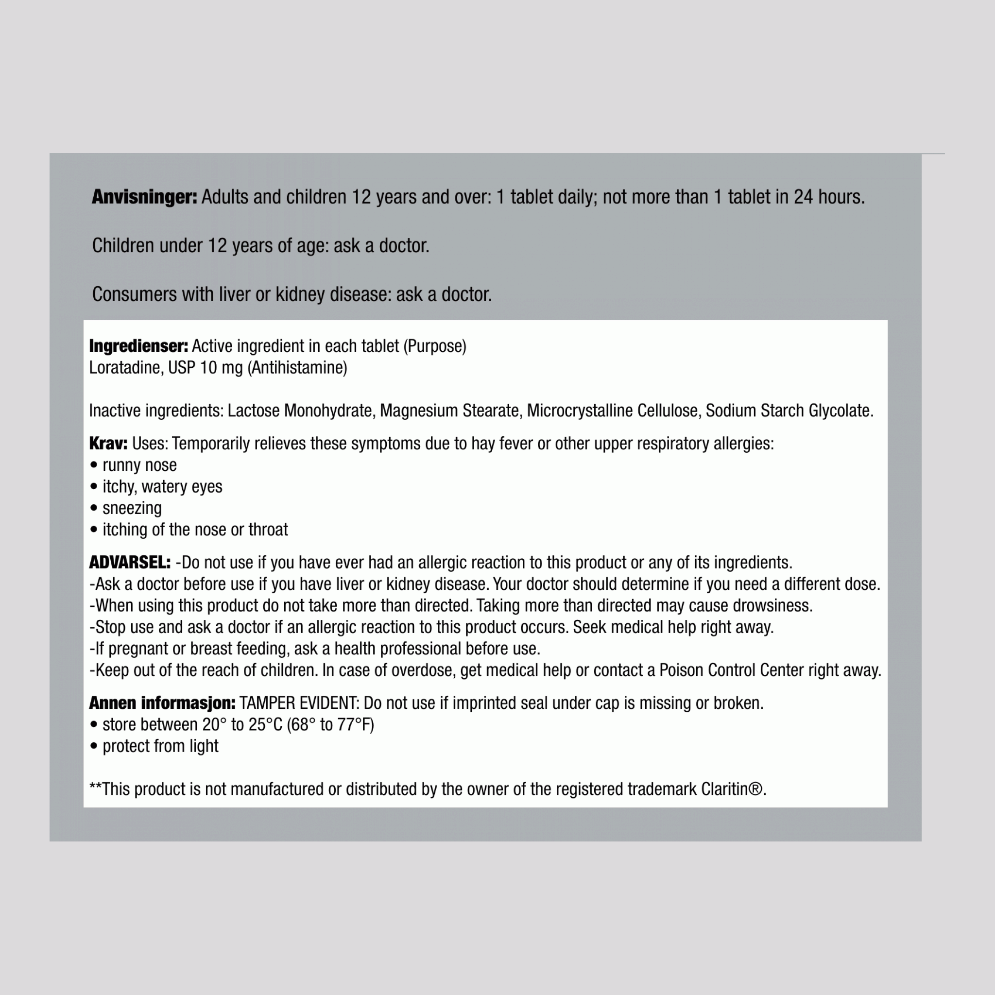 Loratadin allergimiddel 10 mg (gir ikke døsighet) Sammenlign med Claritin 30 Tabletlər     